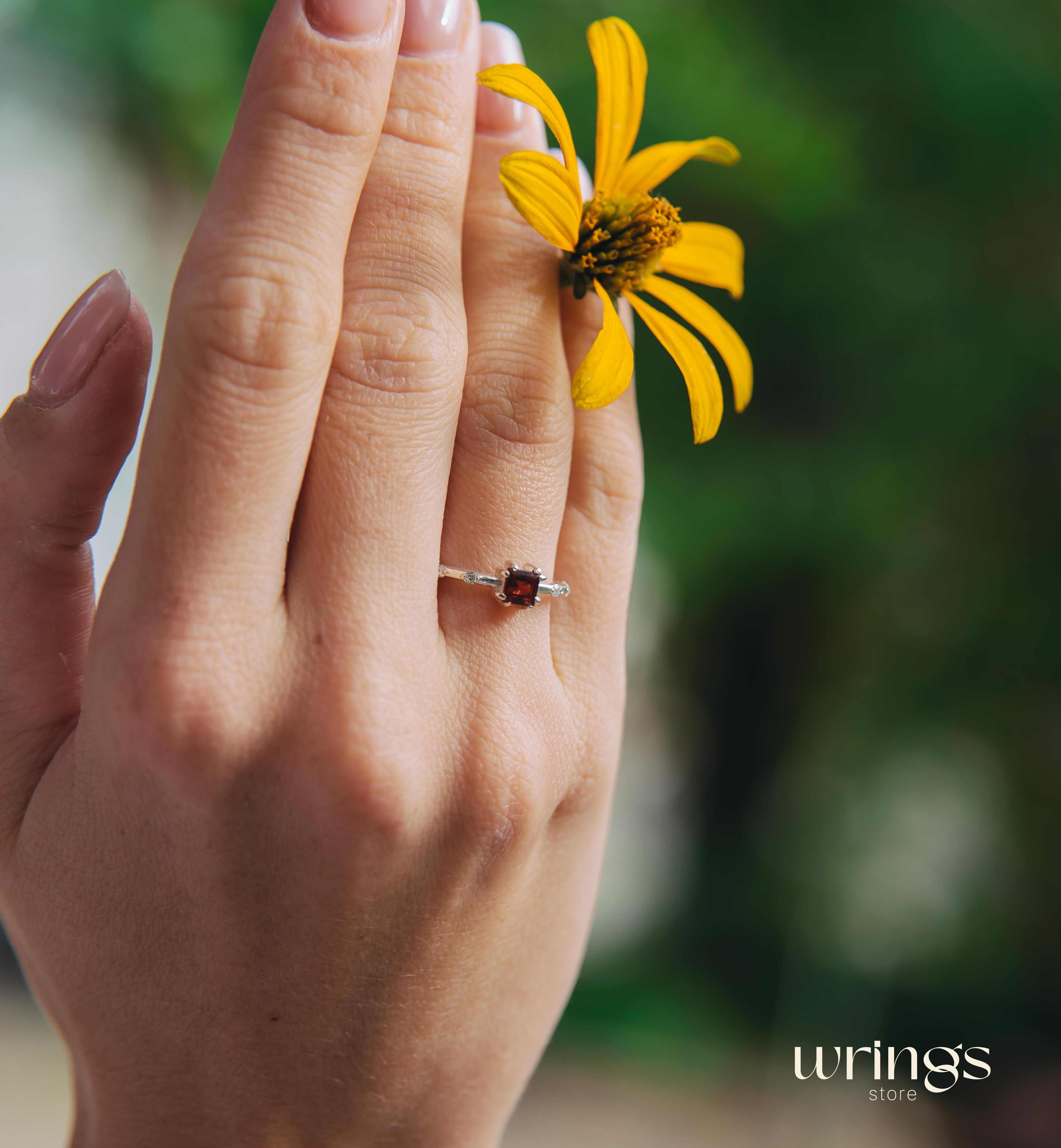 Square Central Garnet & CZ Side Stones Engagement Ring