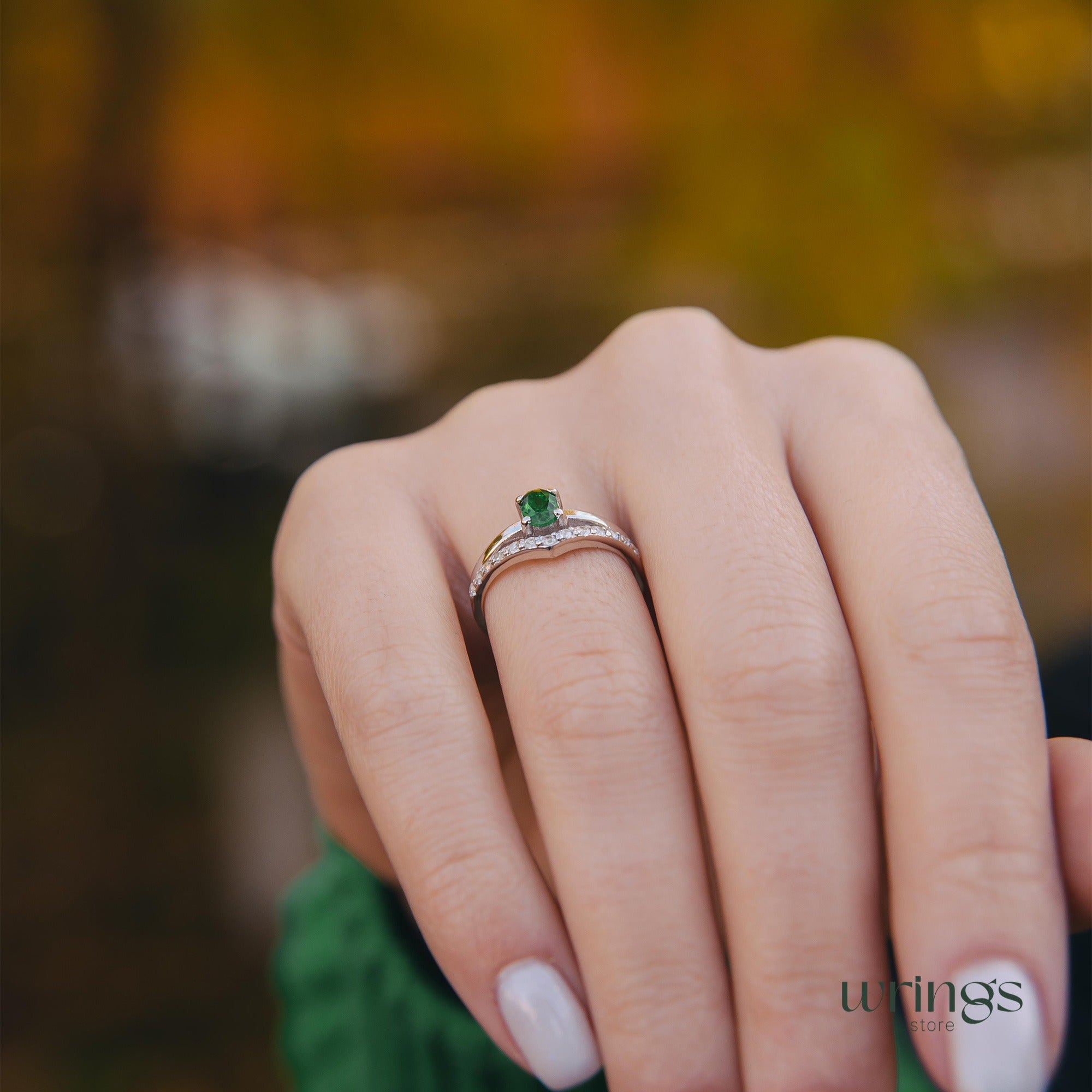 Vertical Oval Emerald V Engagement Ring Silver with CZ