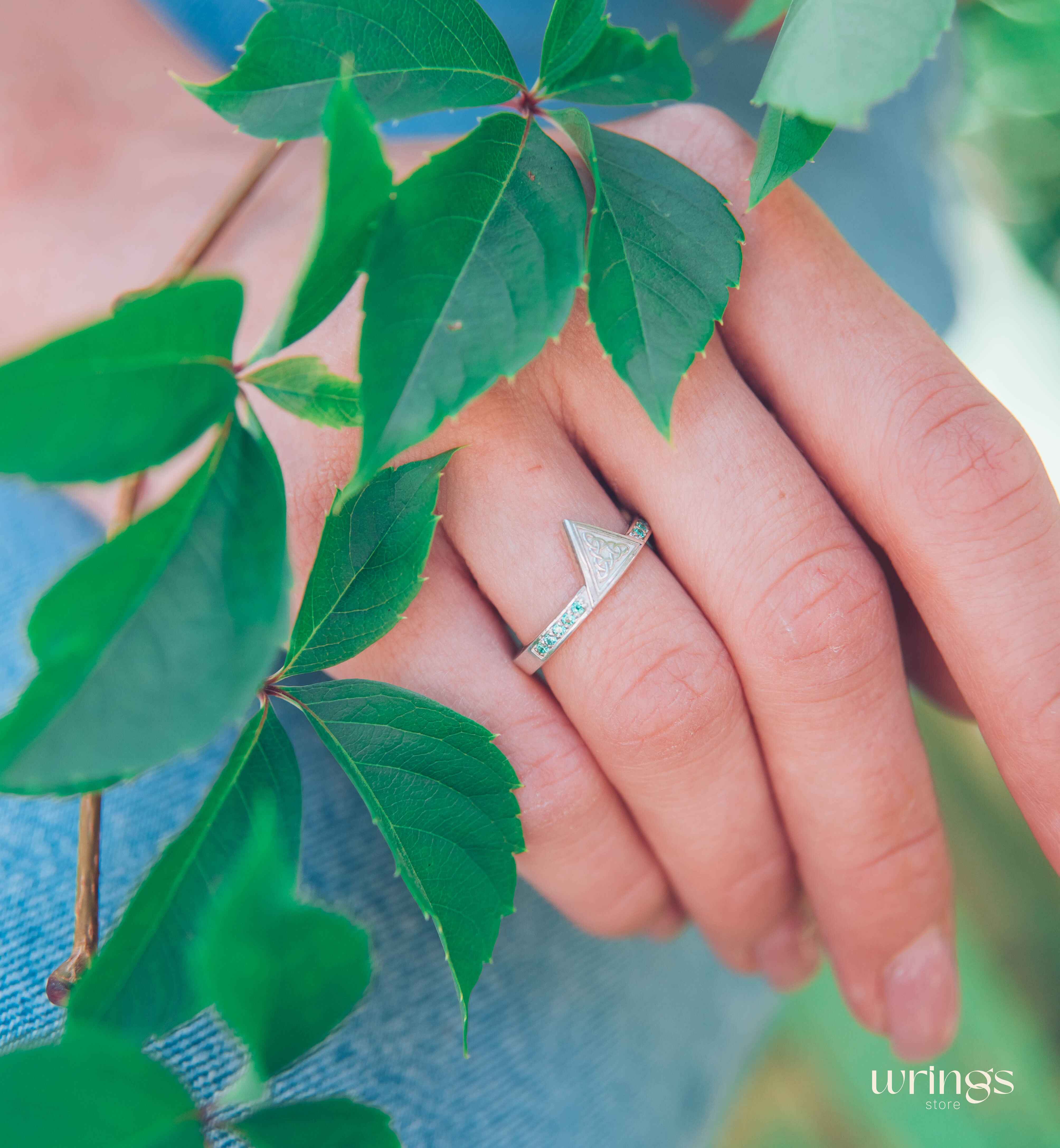 Engraved Celtic Trinity Triangle Ring with Side Emeralds