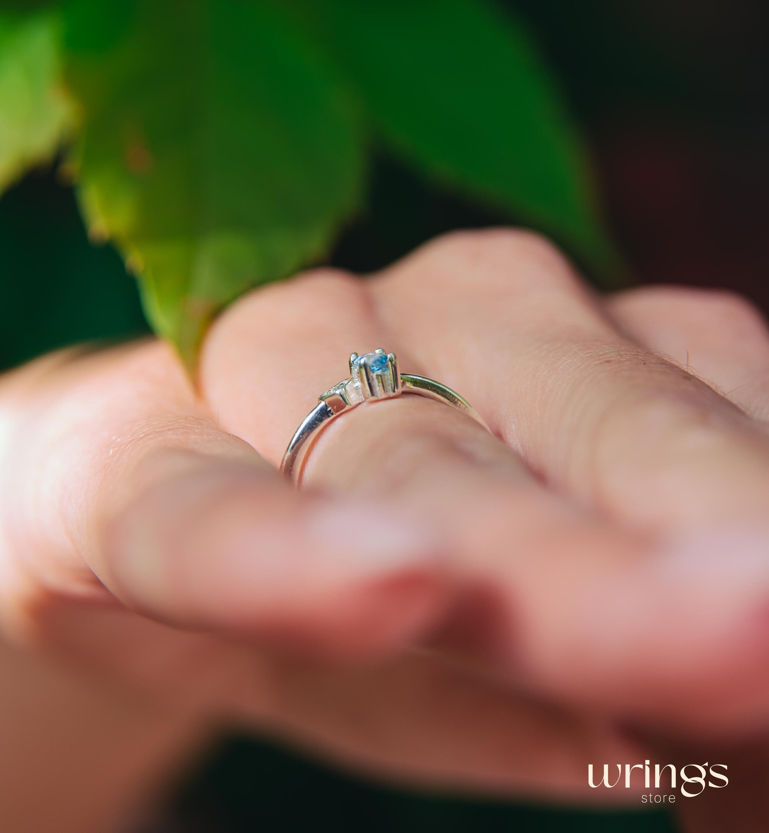 Marquise Blue Topaz Silver Ring & White Stone in Side Heart