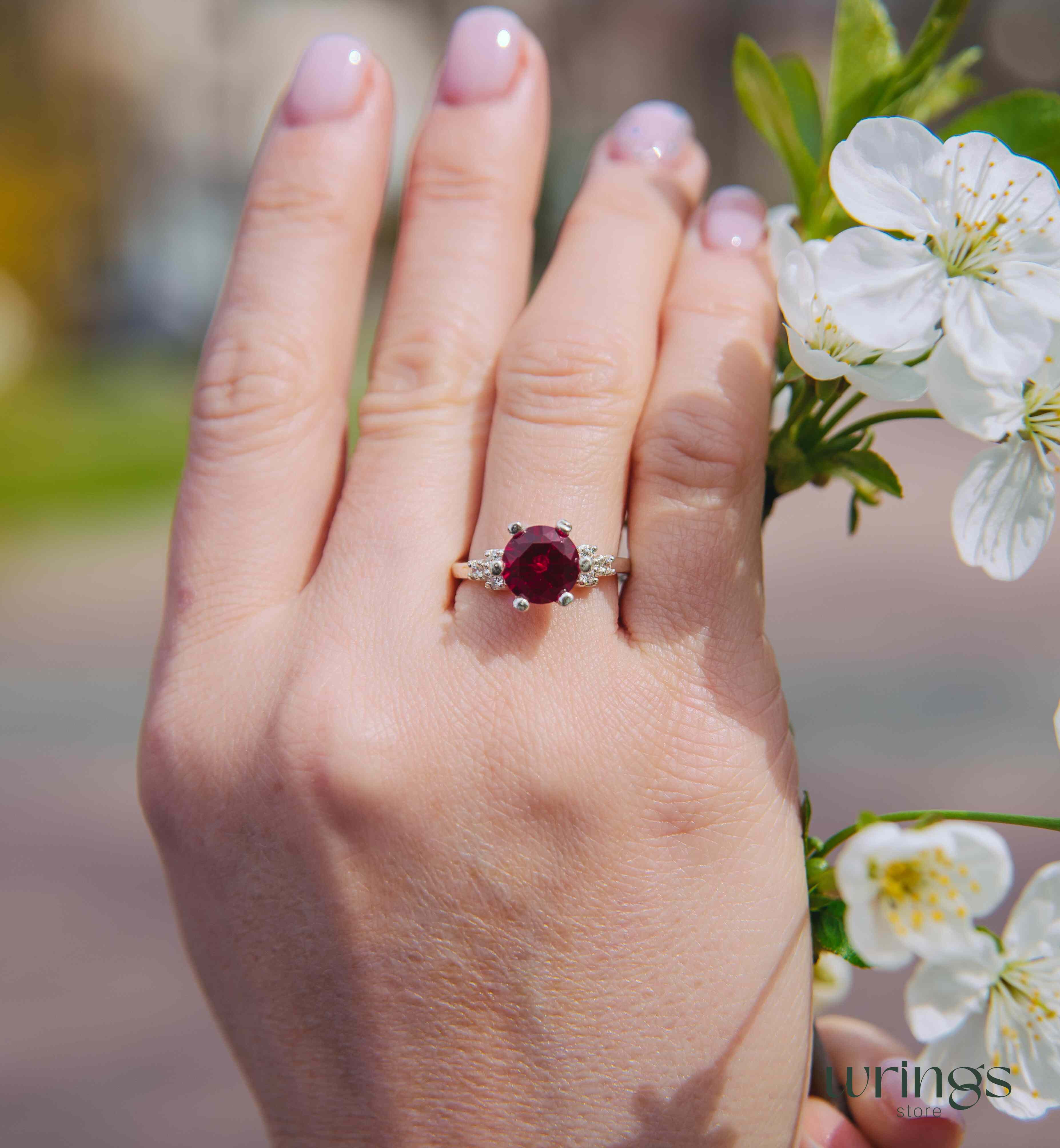 Large Red Simulated Ruby Cluster Engagemet Ring Silver