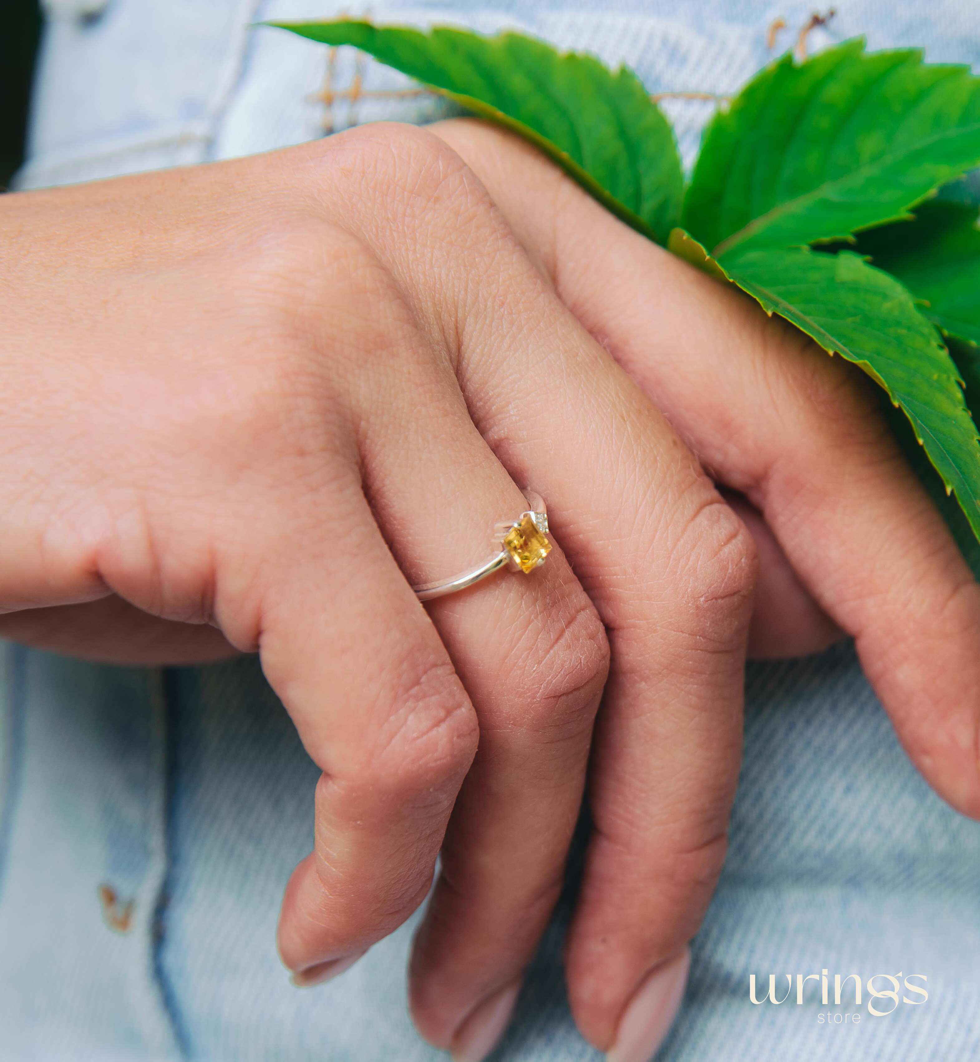 Square Citrine Silver Ring & Side White Stone