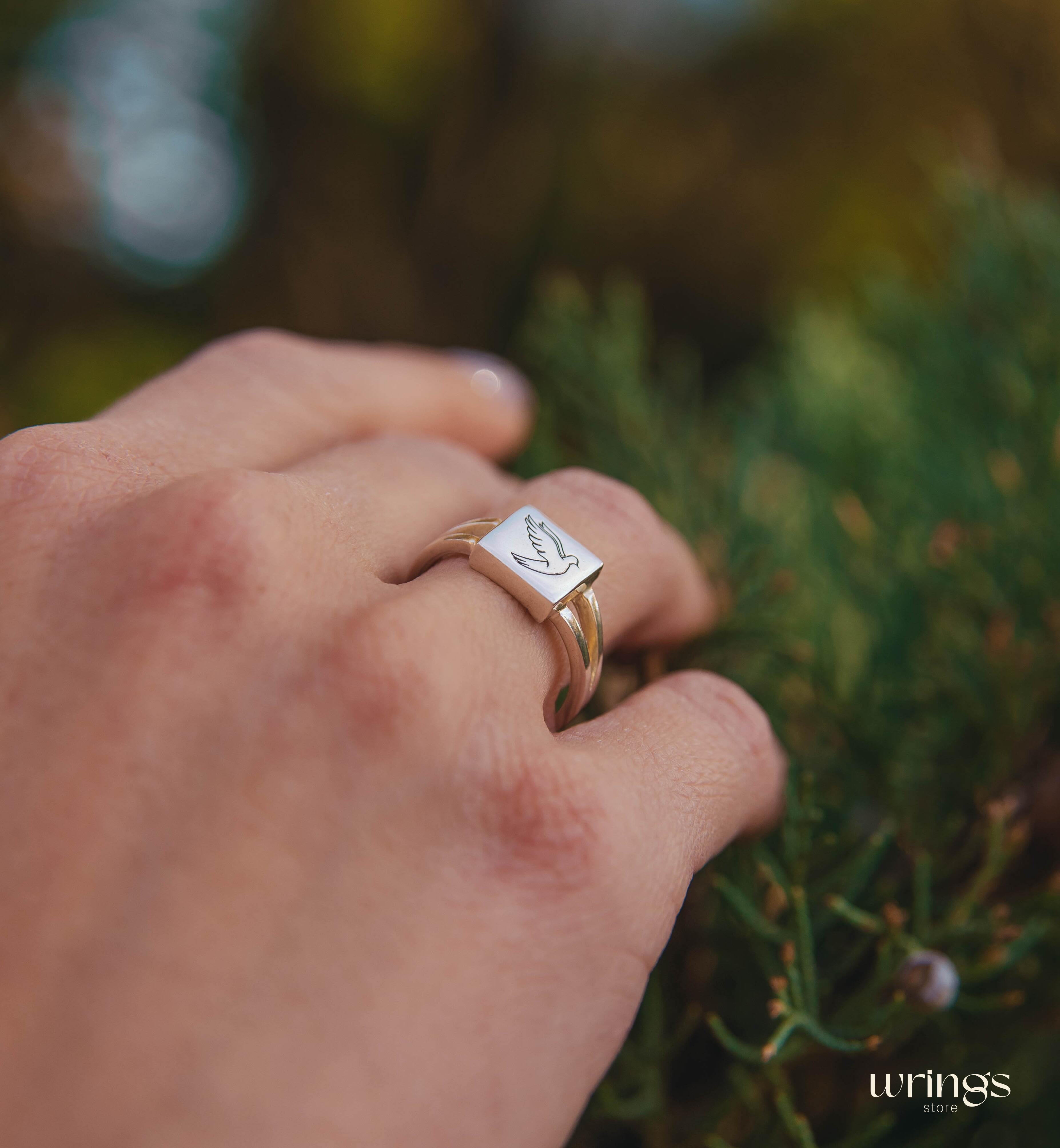 Engraved Pigeon Ring Sterling Silver with Split Band