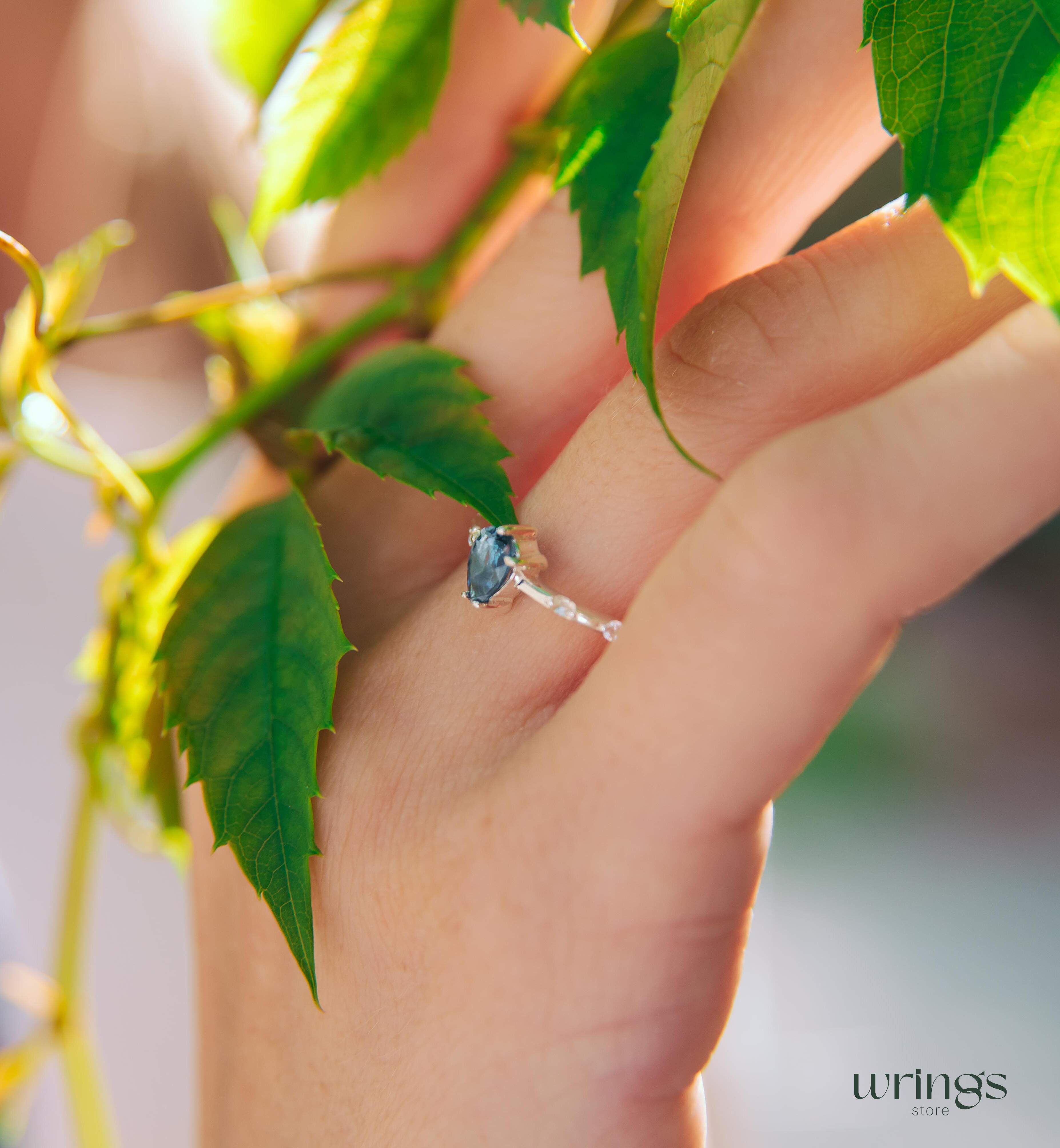 Pear Topaz & CZ Side Stone Engagement Ring Sterling Silver