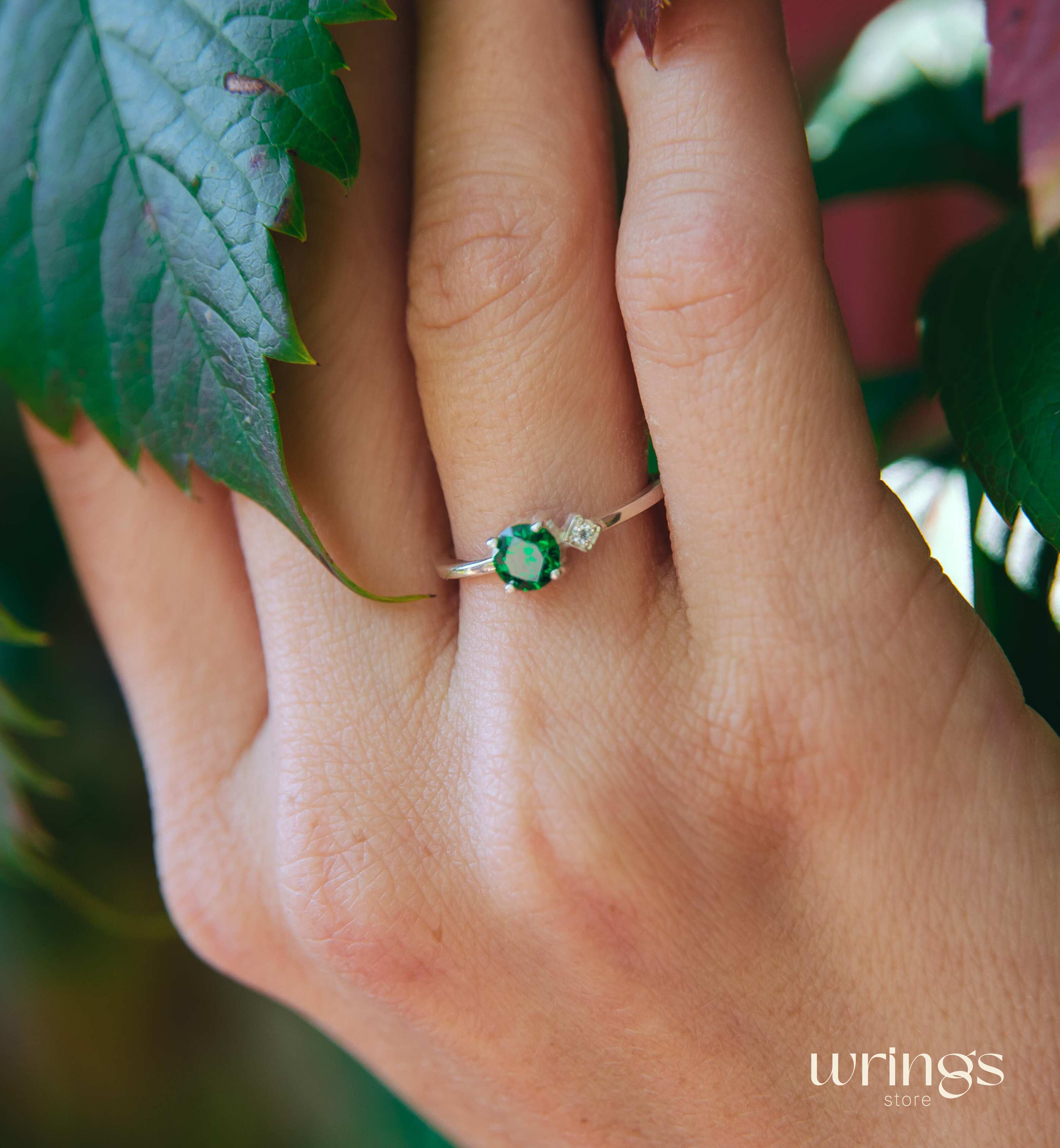 Central Custom Green Stone Silver Ring with White Side Stone