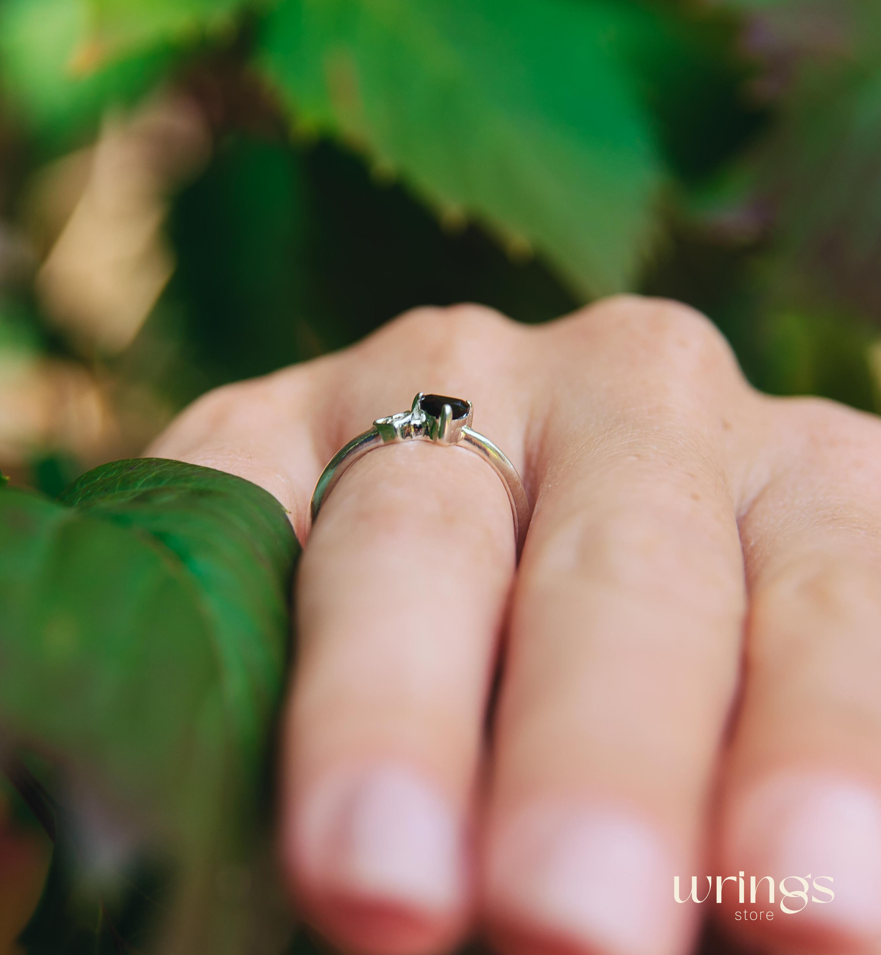 Small Trillion Garnet Ring & CZ Stone in Side Heart