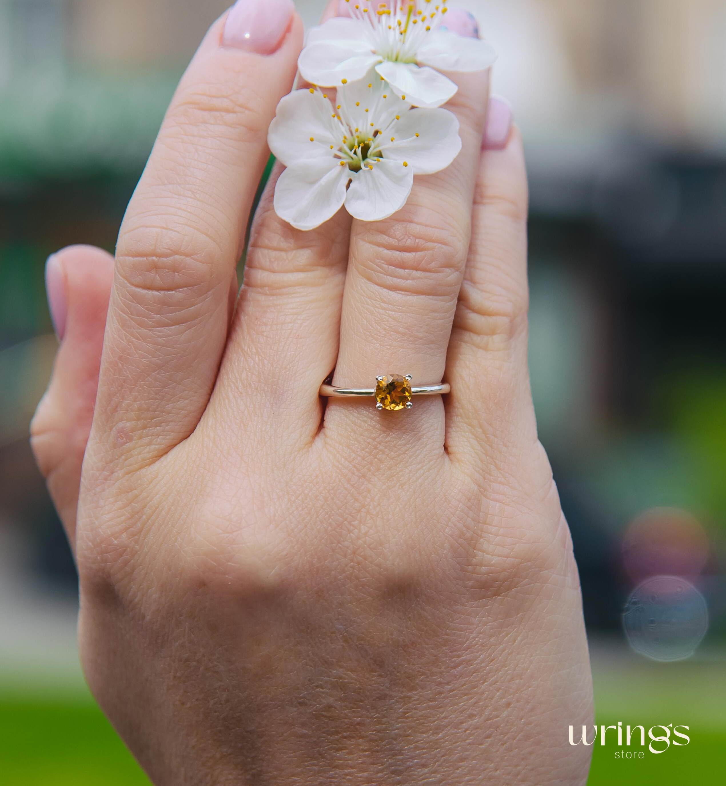 Yellow Citrine Classic Silver Solitaire Engagement Ring