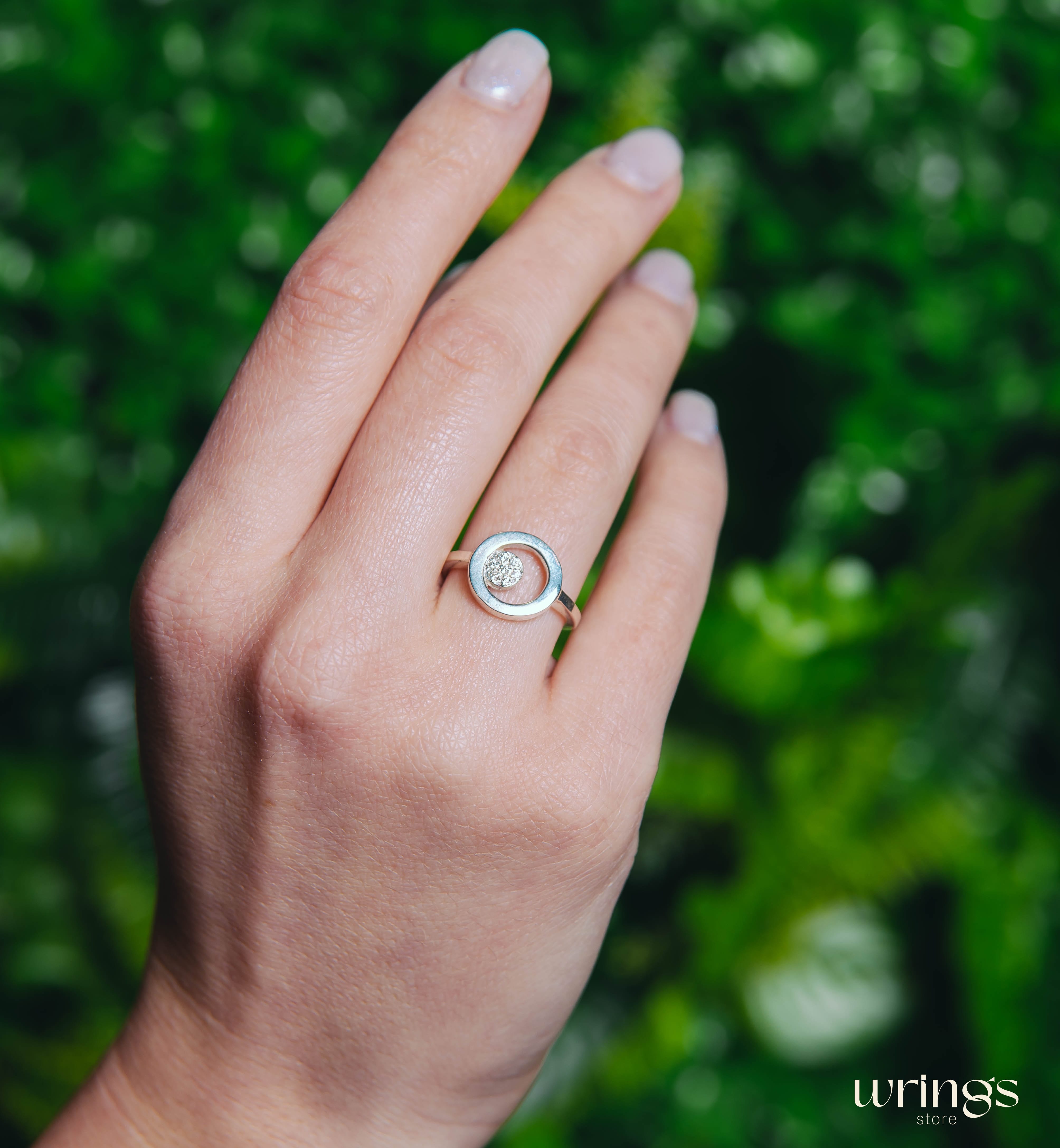 Open Circle Engagement Ring Silver Pave Set Diamonds