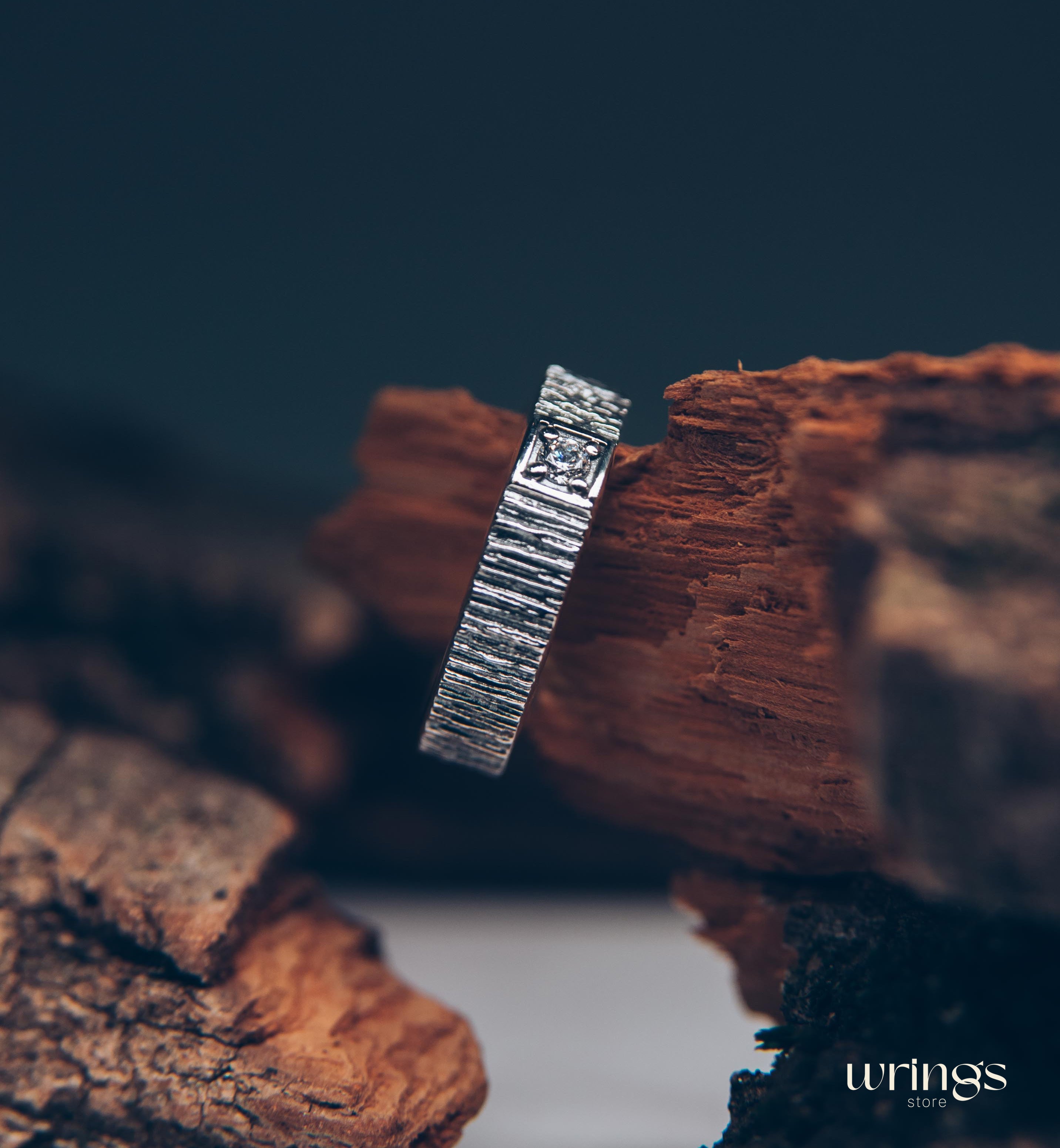 Simple Diamond Men's Wedding Ring band with Tree bark texture