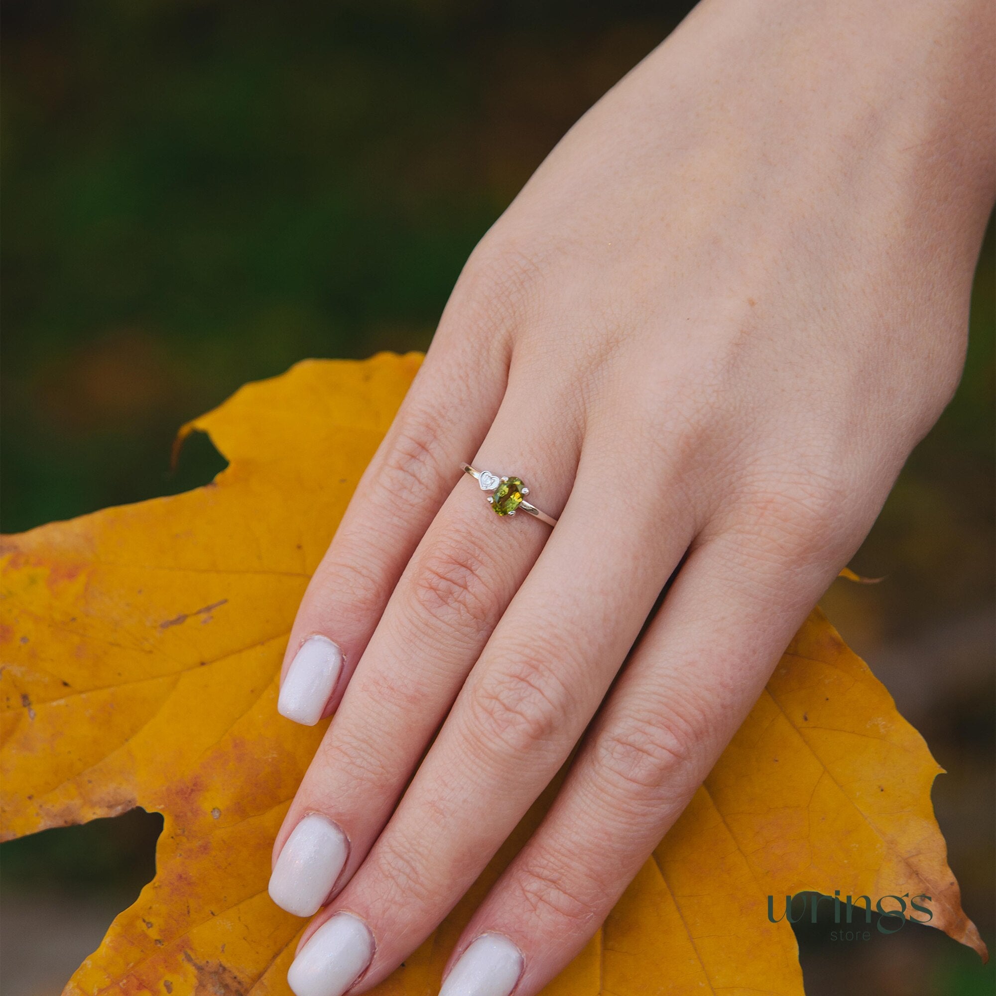 Peridot & CZ Heart Silver Engagement Ring