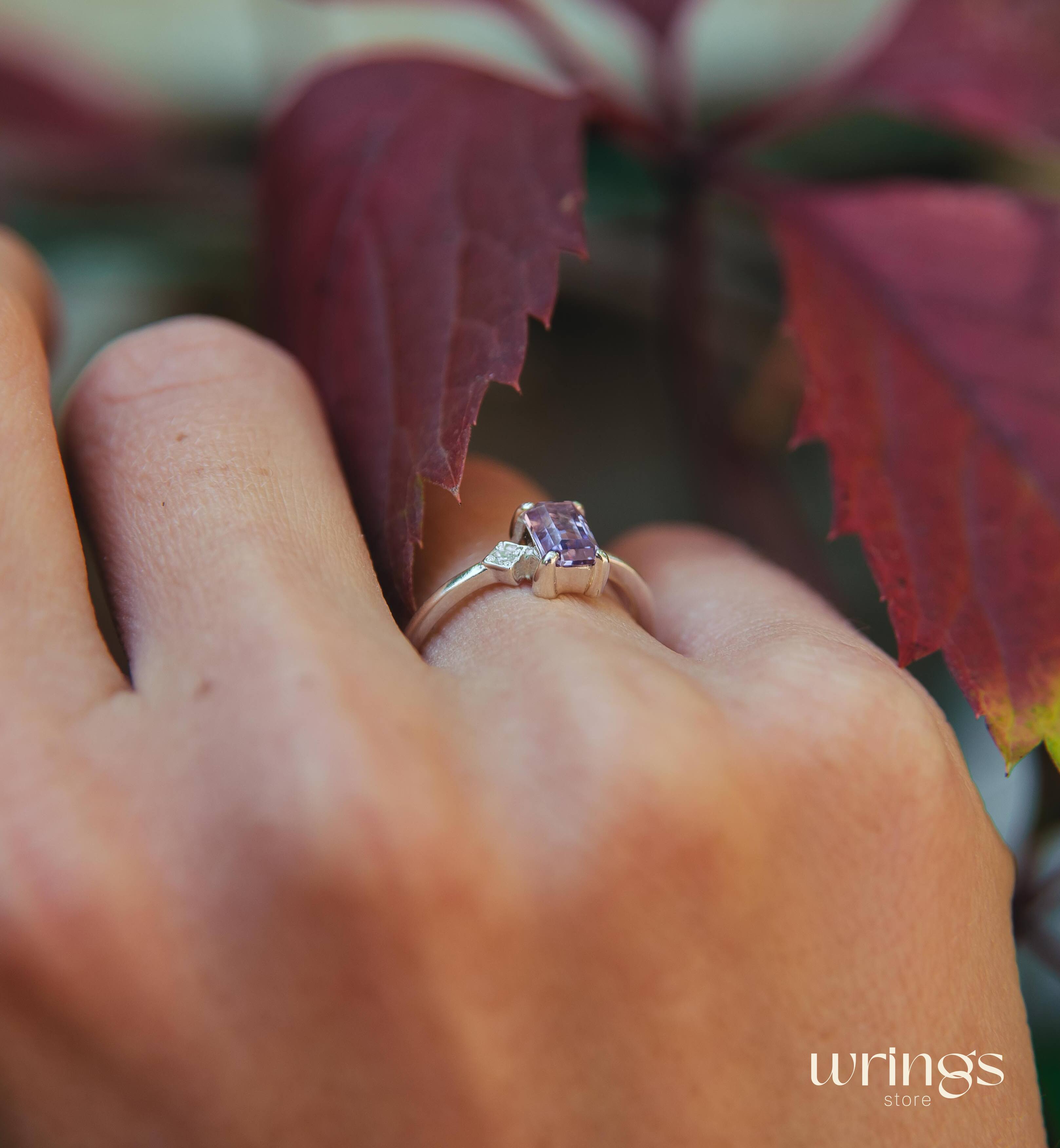 Central Octagon Amethyst Side Stone Engagement Ring Silver