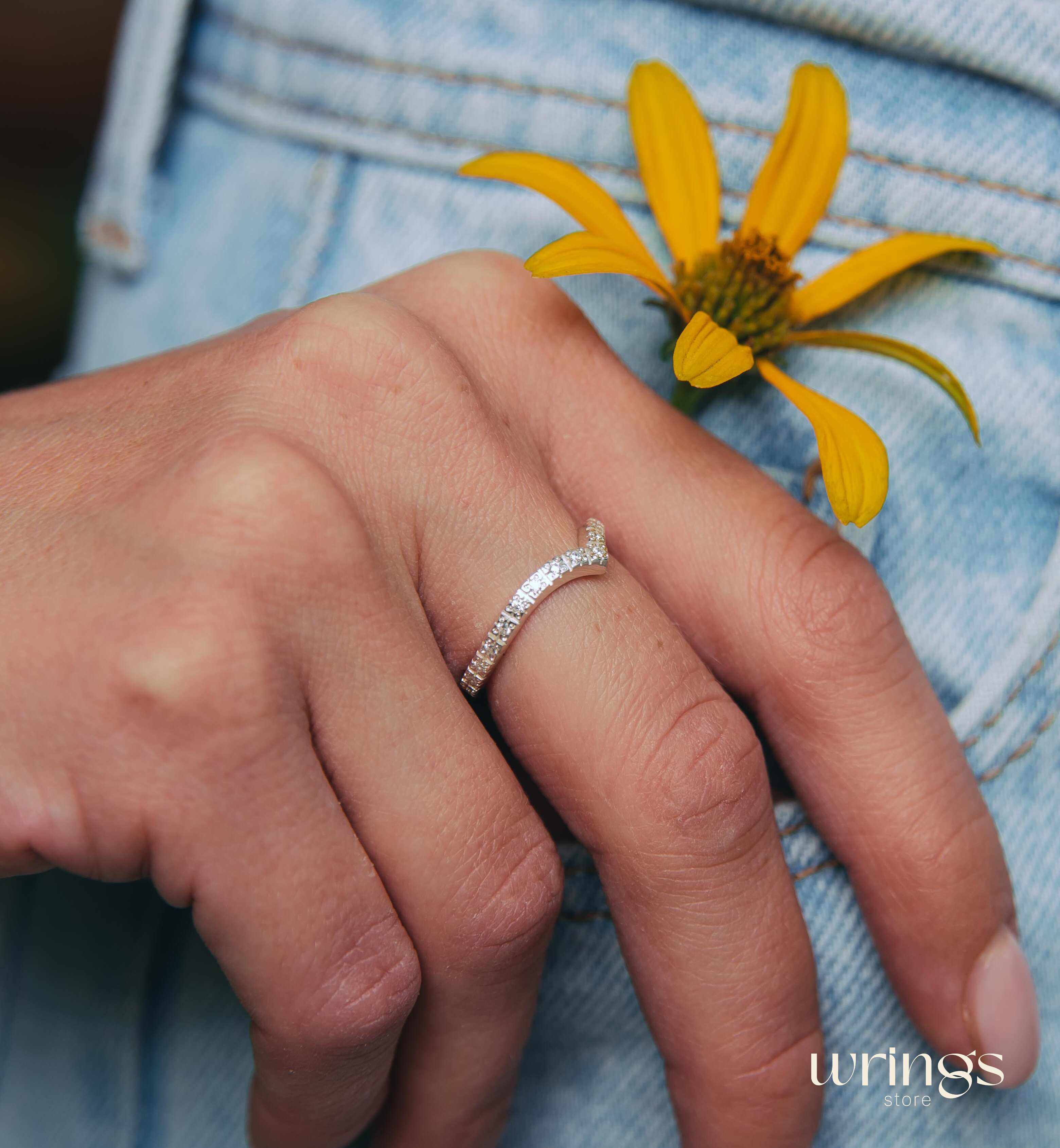 Silver Chevron Wedding Ring Many Custom White Stones