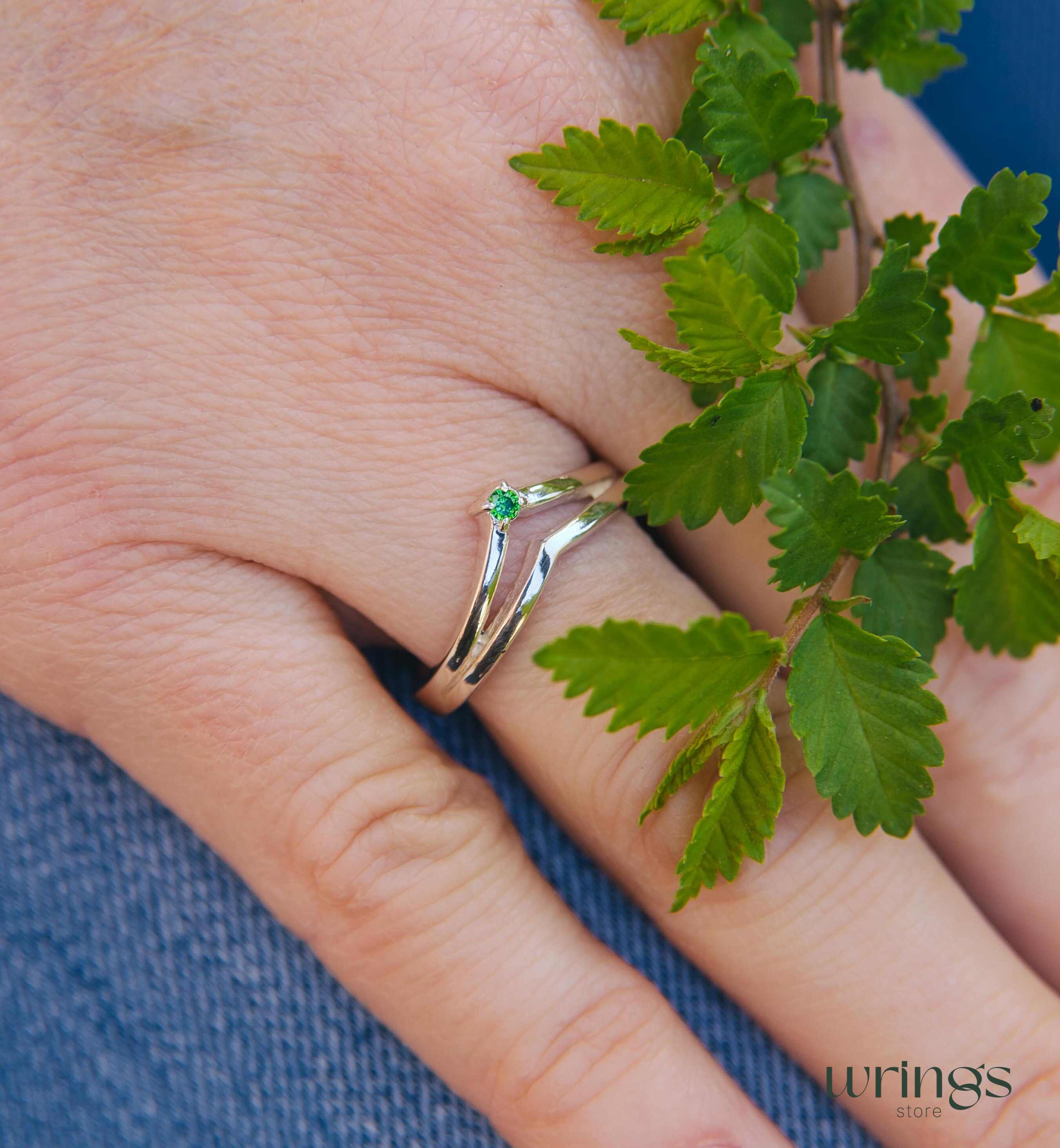 Small Emerald Double Chevron Wedding Ring Solid Silver