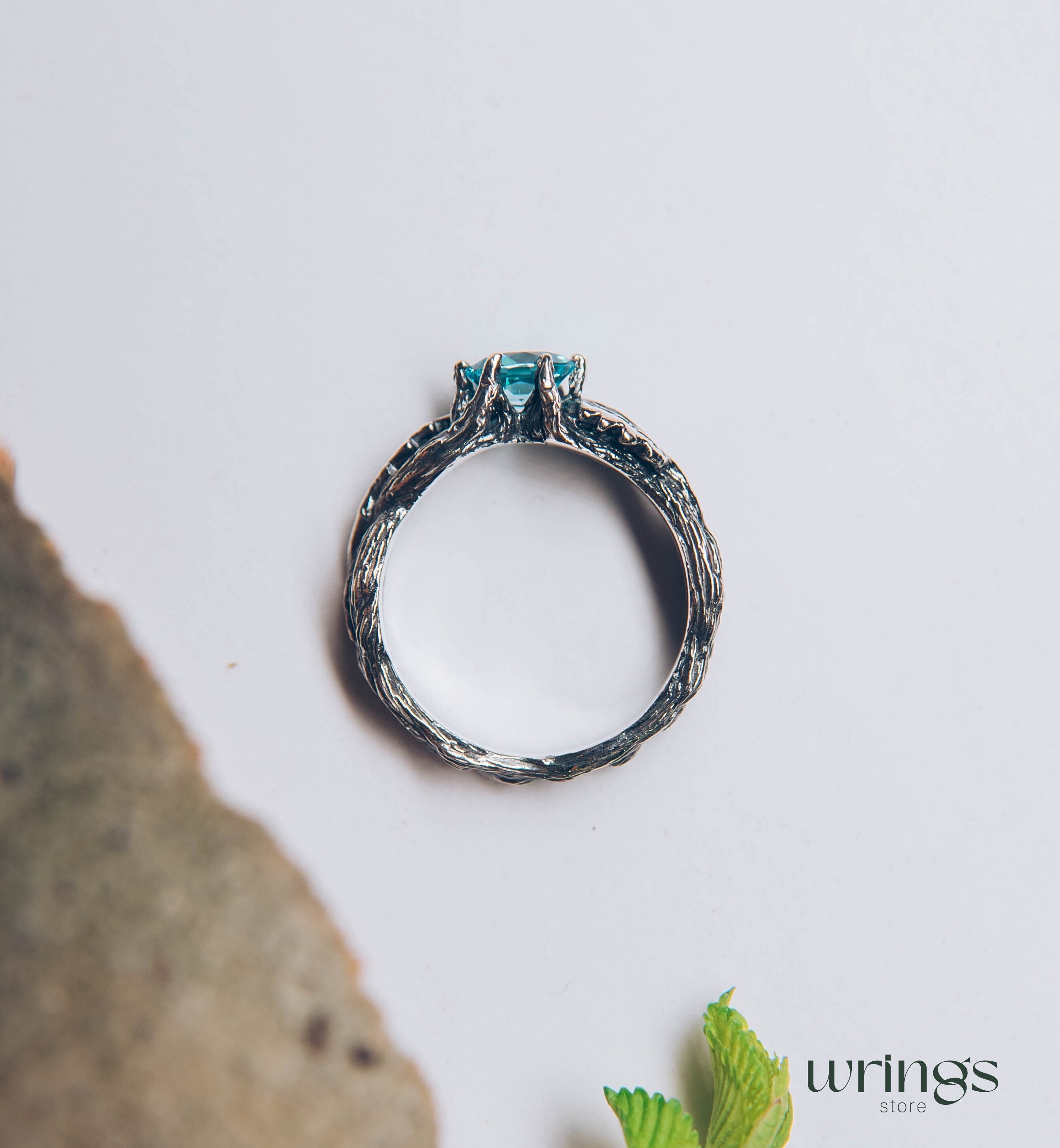 Topaz Engagement Ring — Silver Braided Branch and oak Leaves