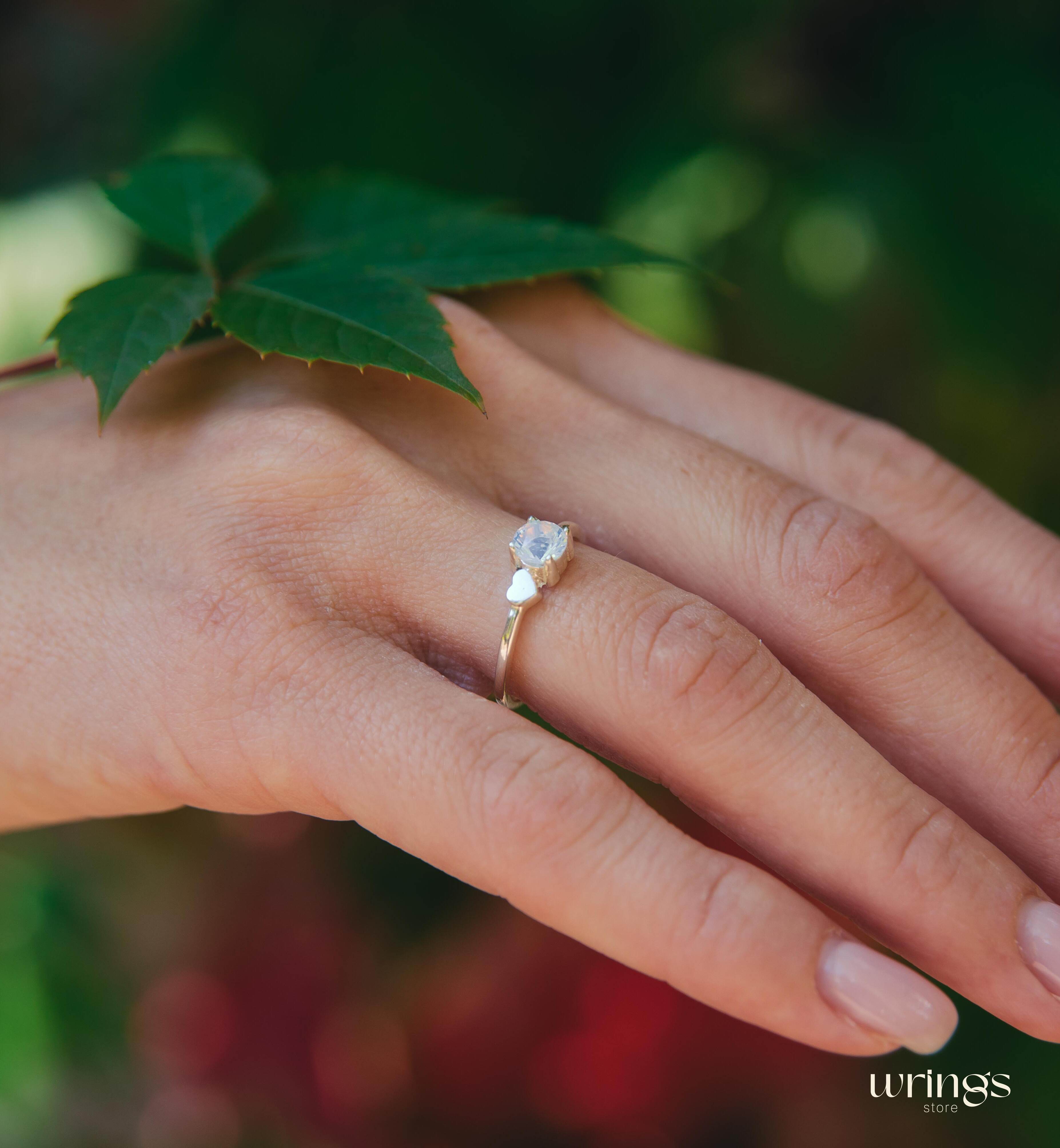 Moonstone June Birth Stone Ring Silver & Side Heart