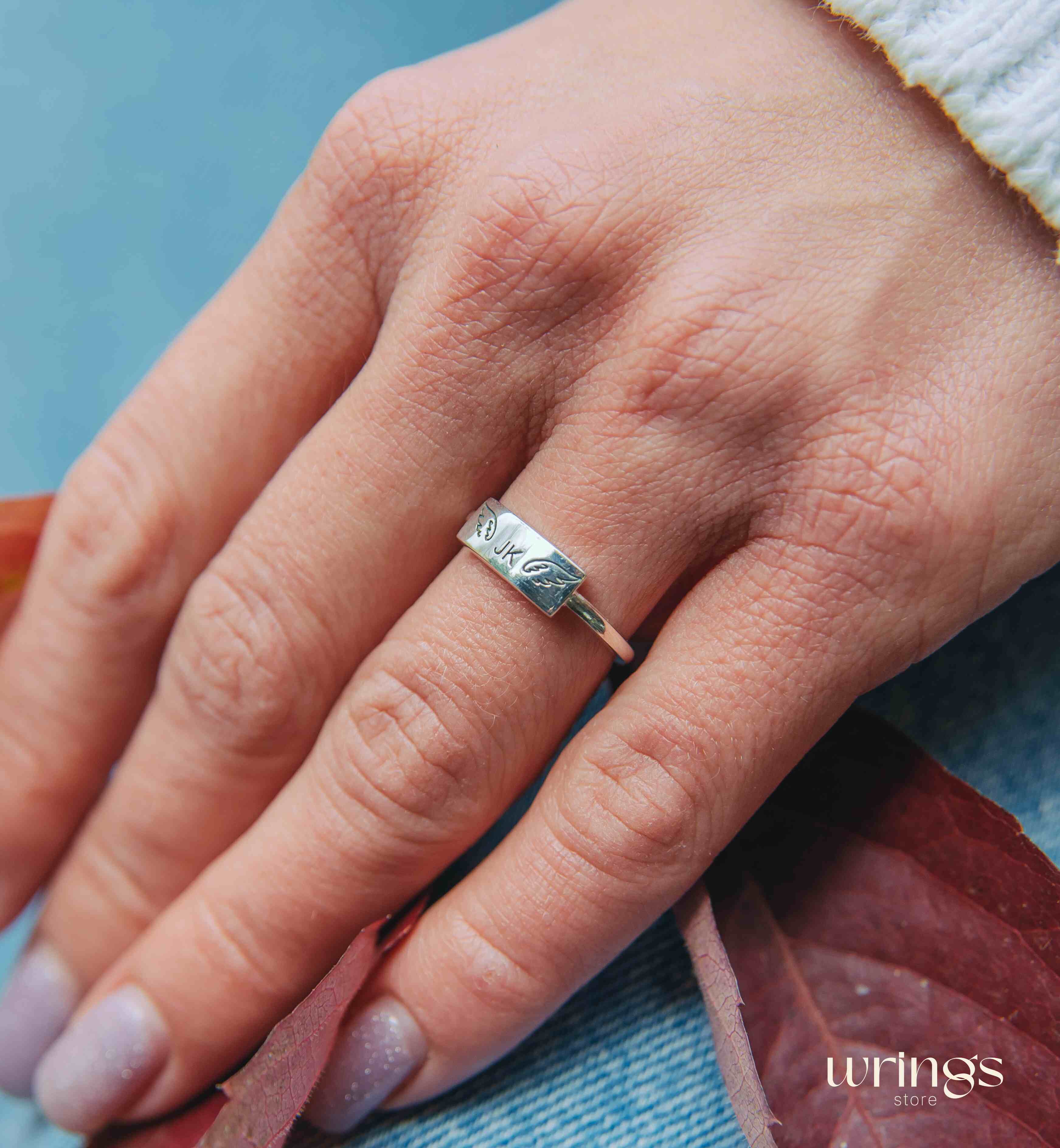 Silver Flat Top Initial Ring Engraved Wings & Lettets