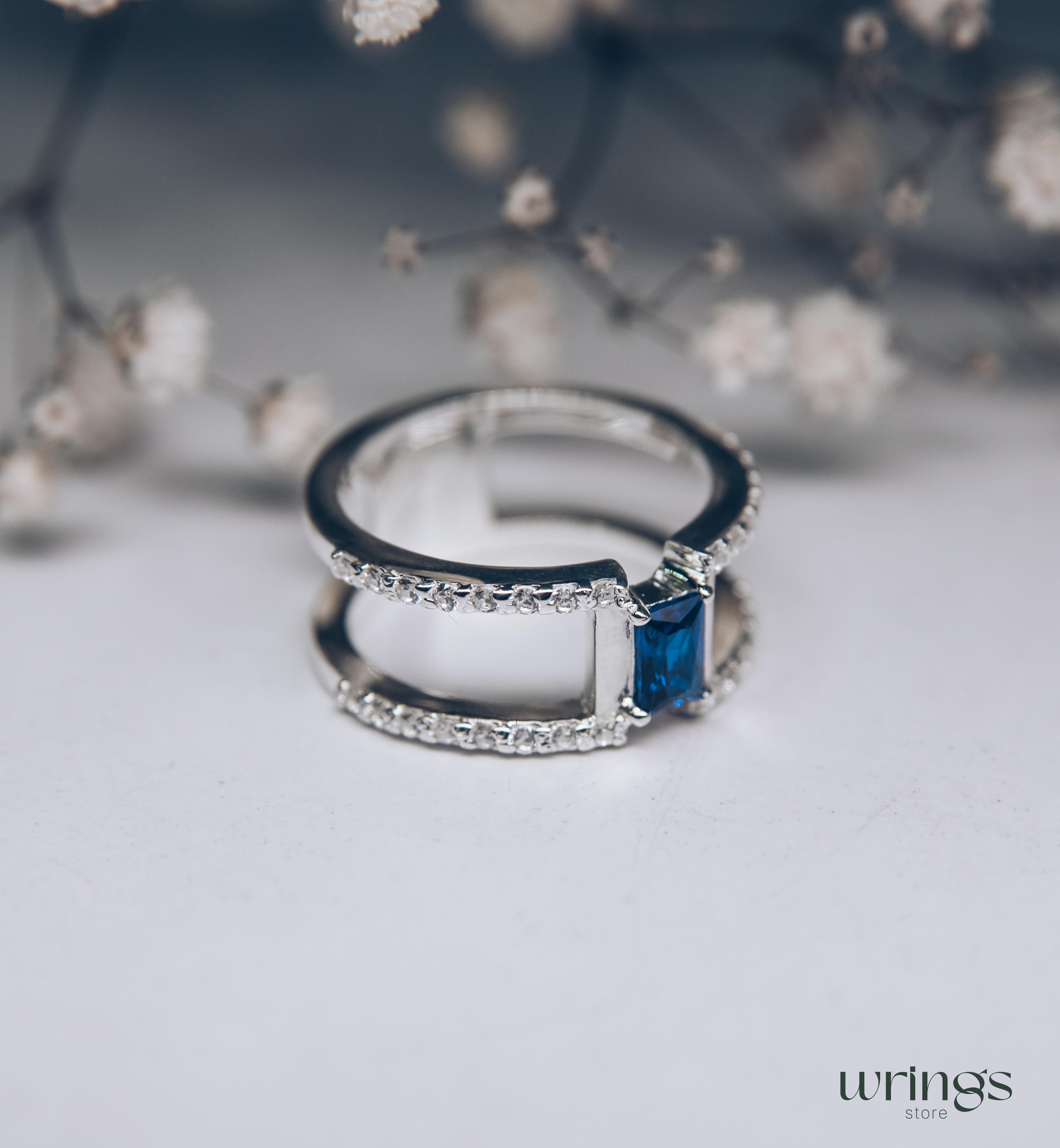Octagon Cut Blue Topaz Double Engagement Ring Diamonds