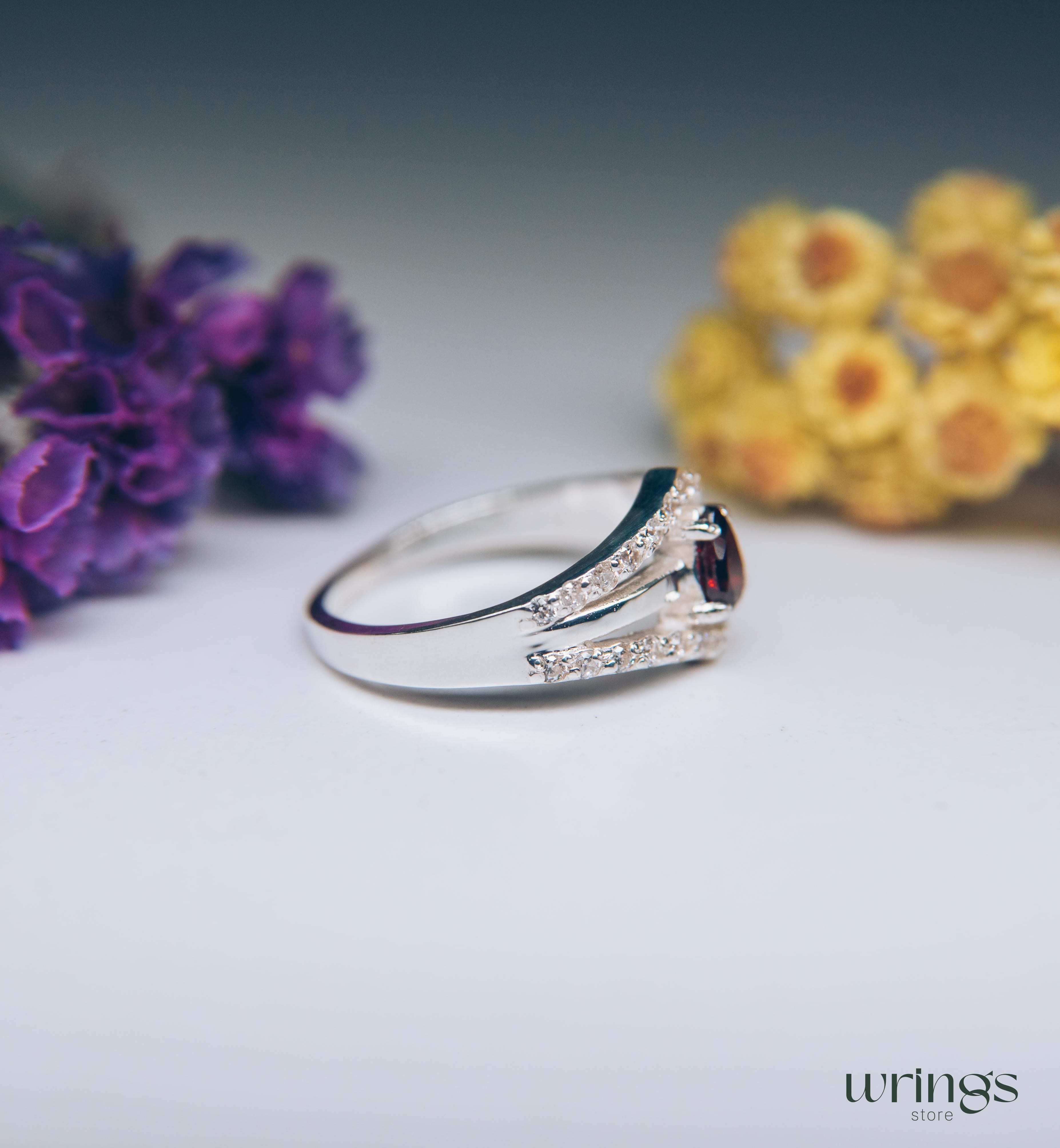 Pear Garnet Statement Ring Silver Double V shaped