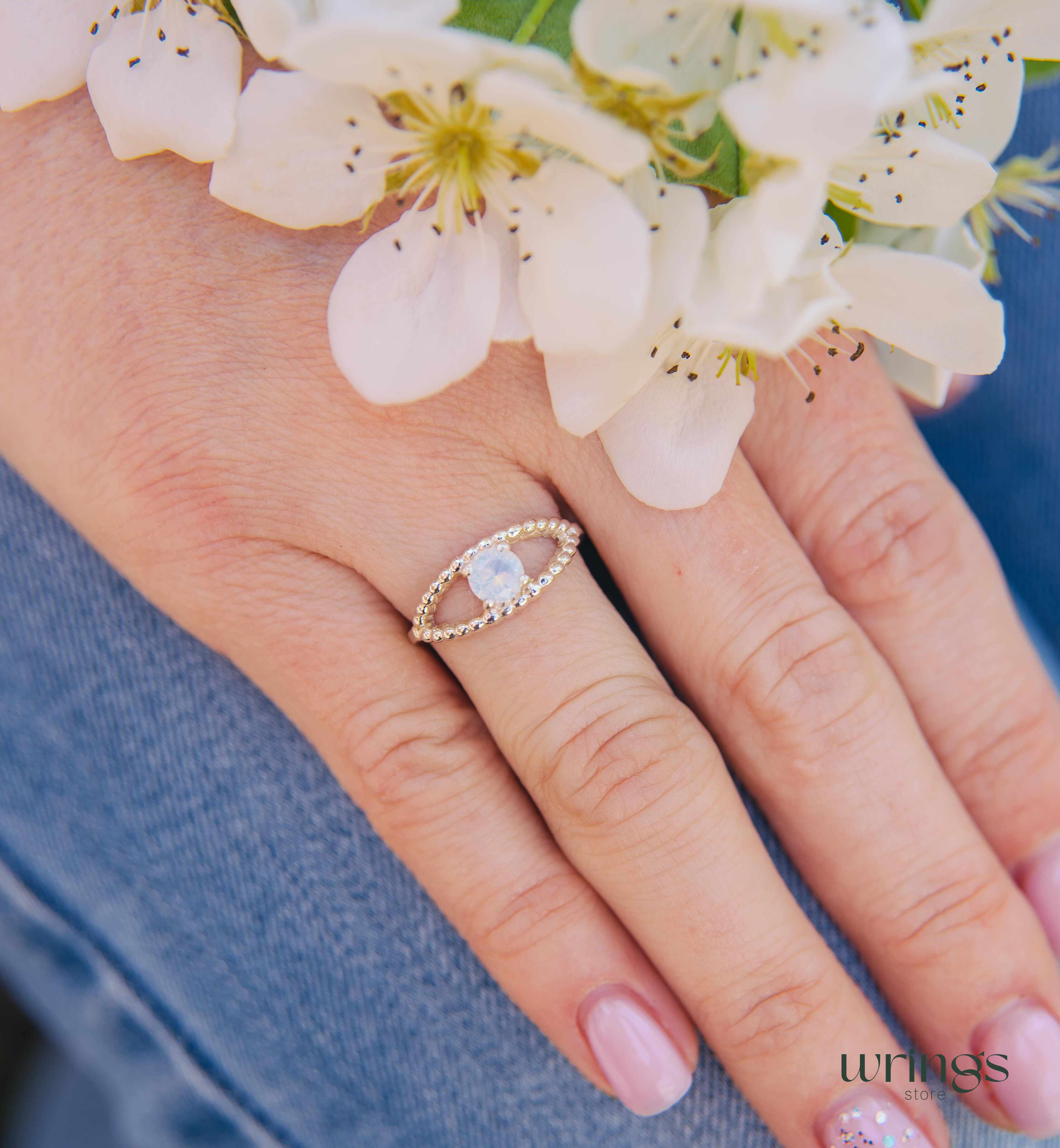 Beaded Silver Evil Eye Ring with Round Moonstone