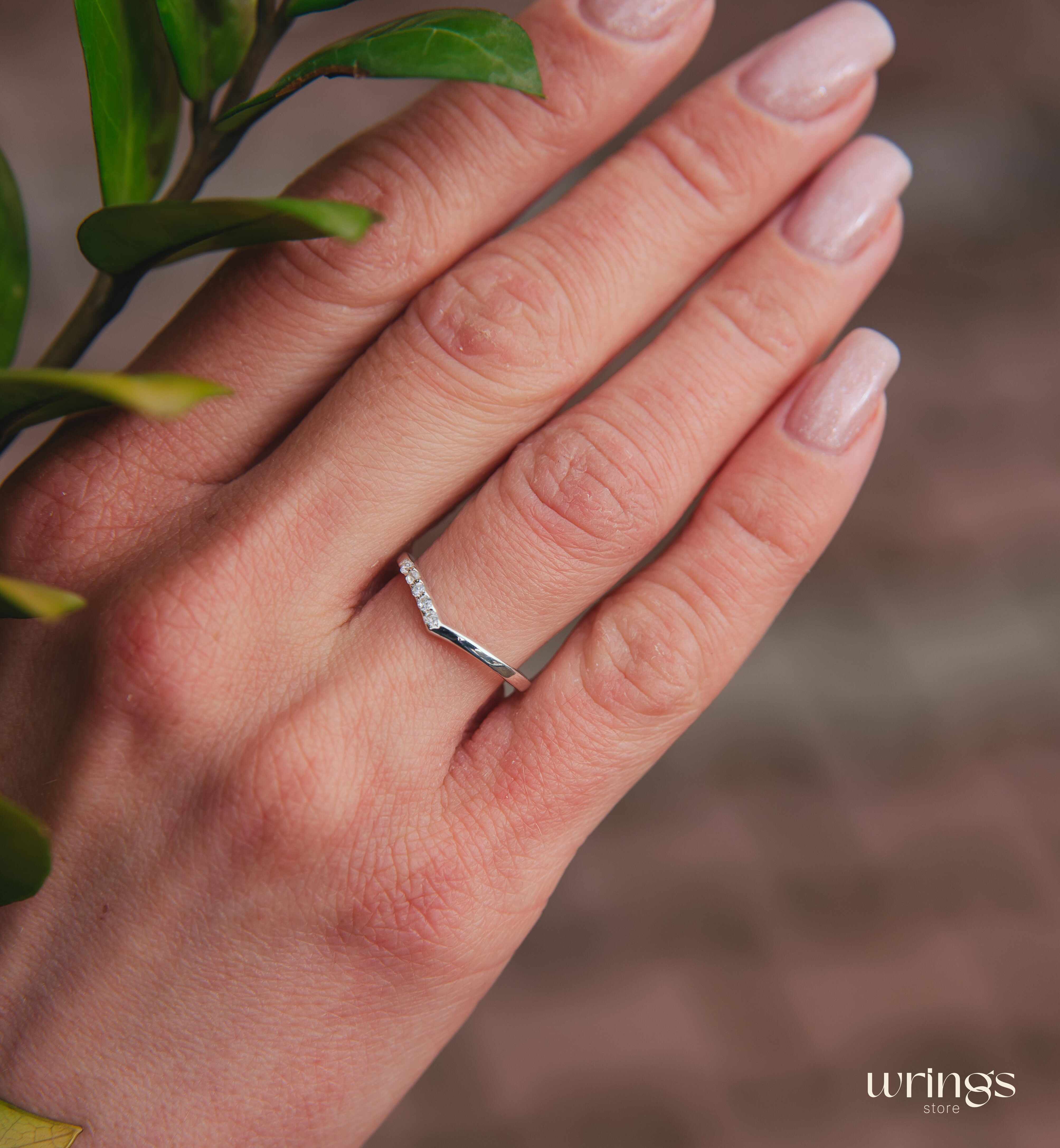 Curved Chevron Diamond Wedding Band Sterling Silver