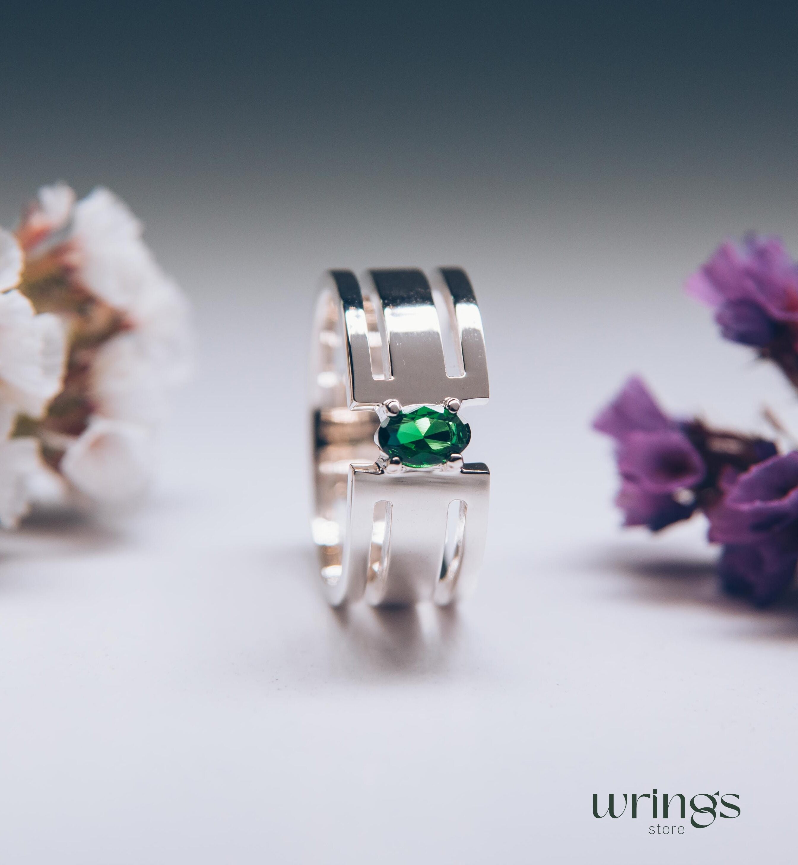 Green Oval Stone Extra Wide Wedding Band Solid Silver