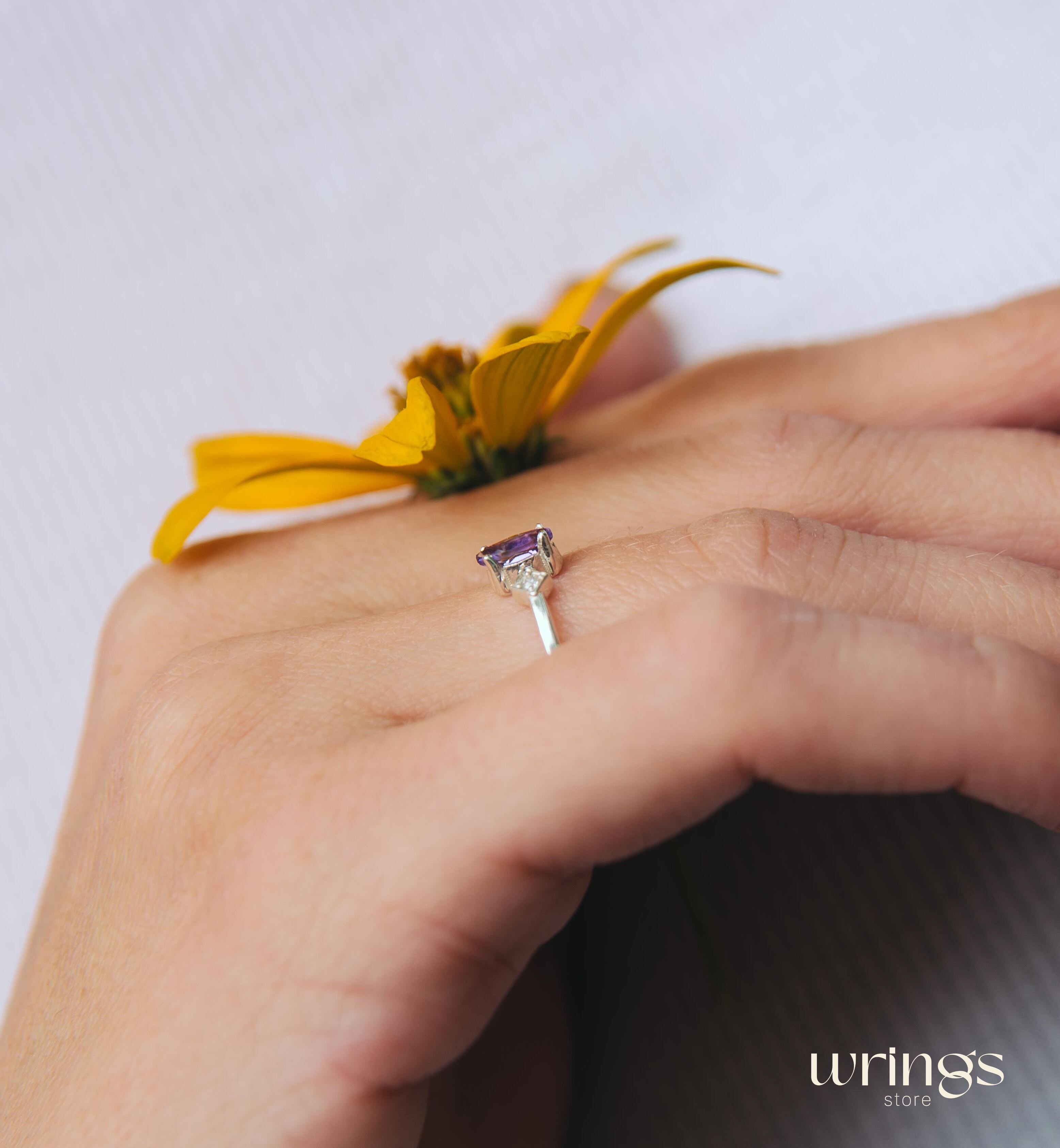 Marquise cut Amethyst Proposal Ring White Side Stone