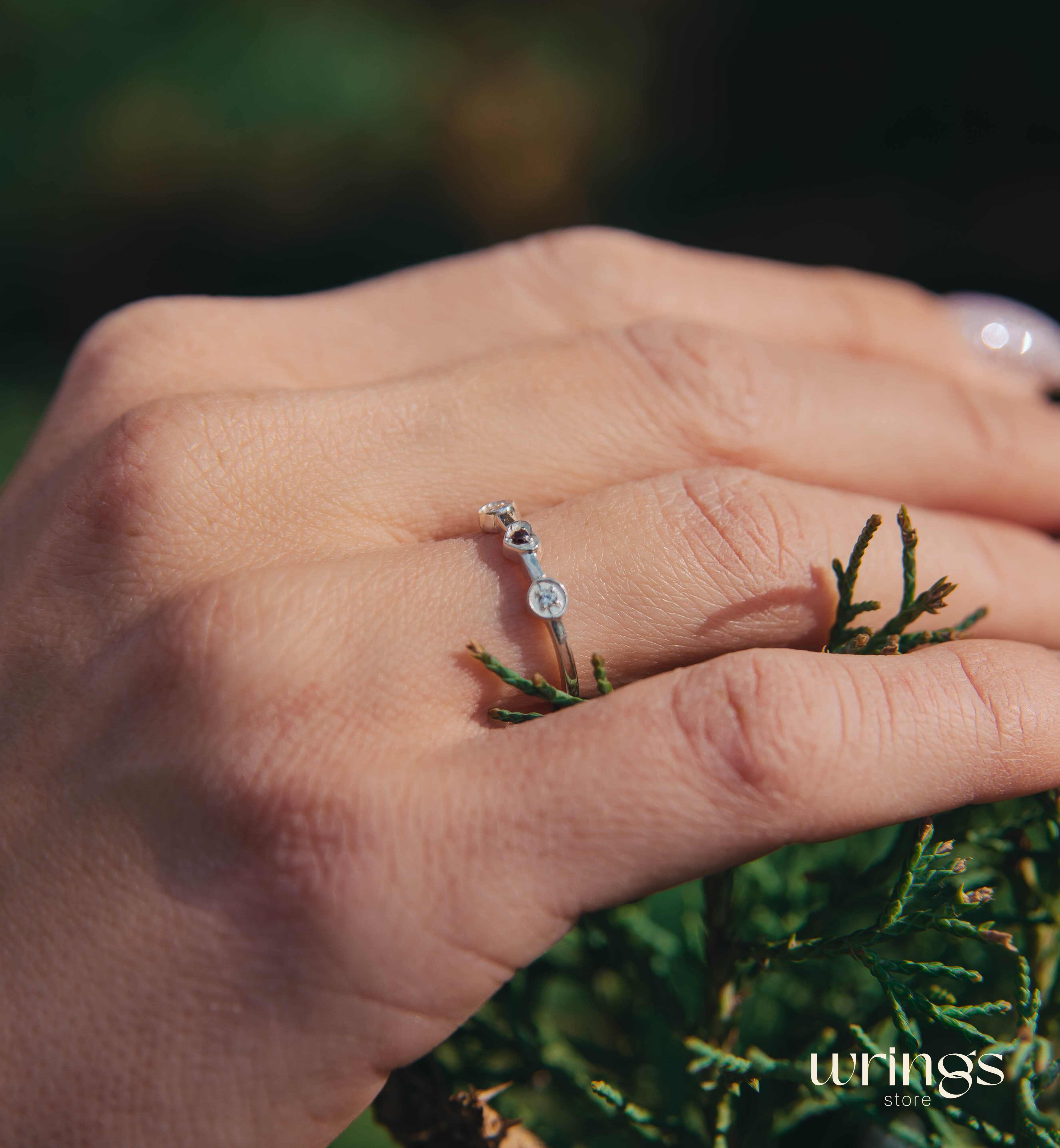 Garnet in Heart and 2 CZ White Stones Silver Promise Ring