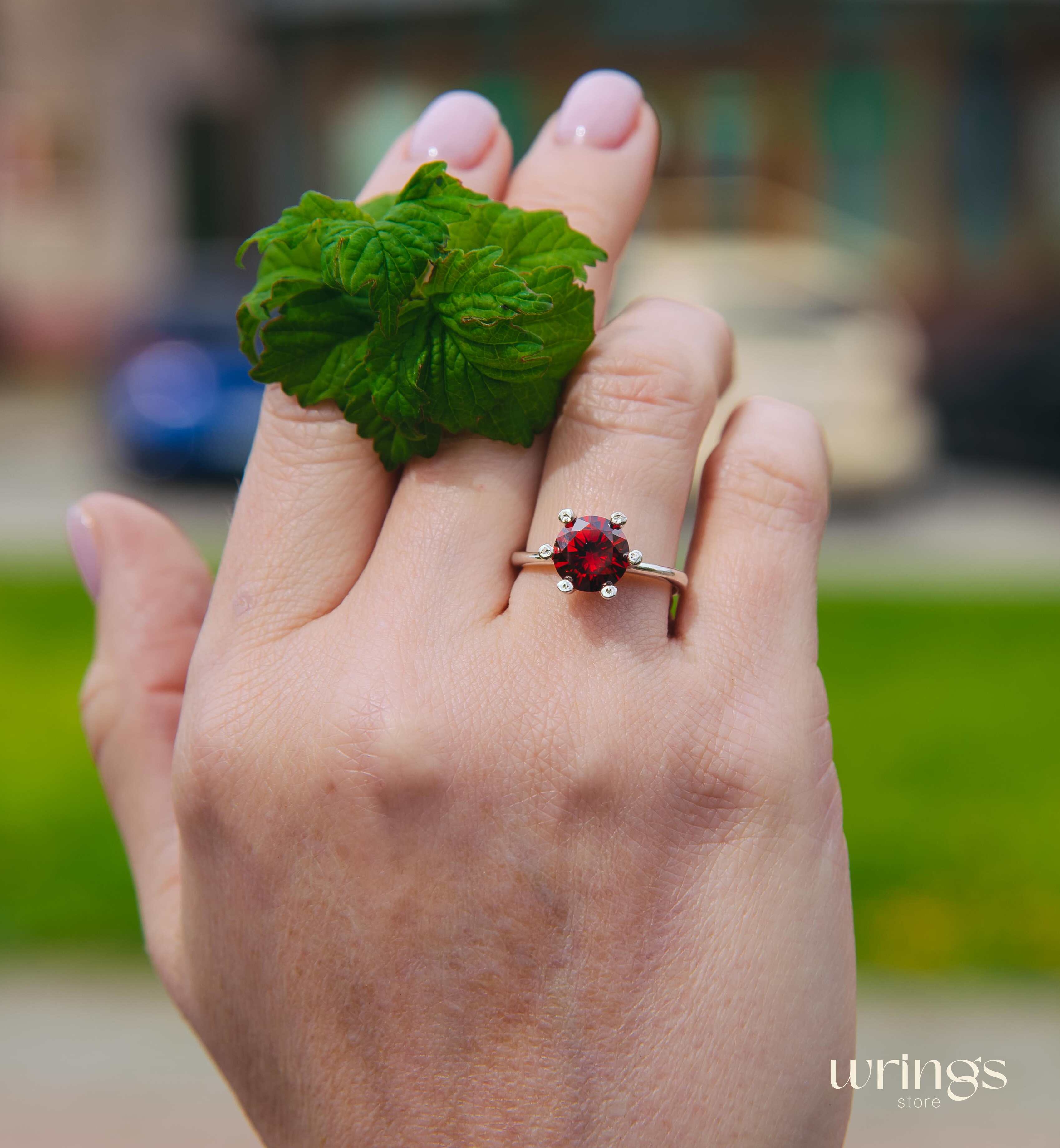 Large Red Round Garnet Solitaire Engagement Ring Silver