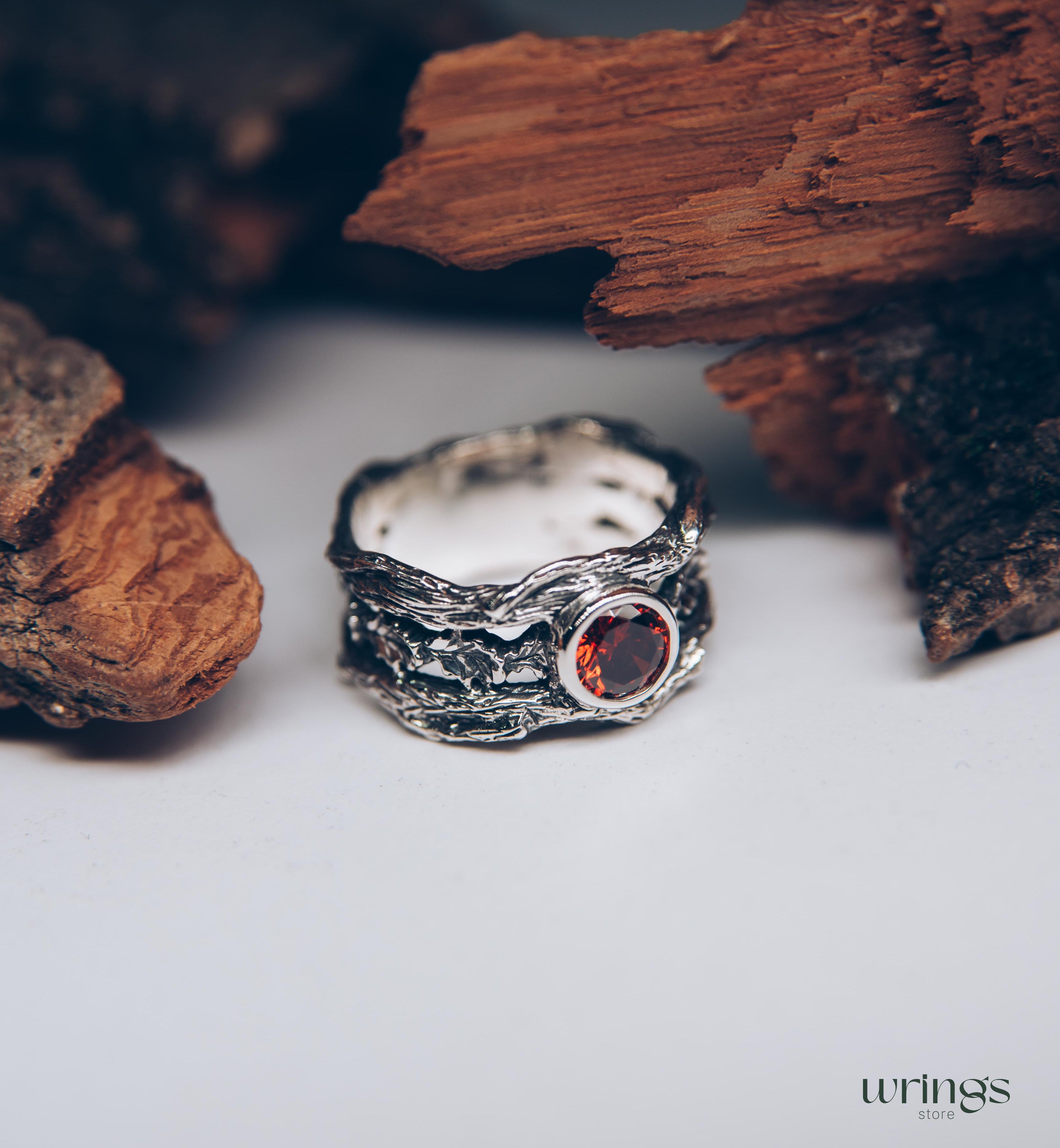 Oak Leaves in Wide Silver Ring with Bezel Garnet