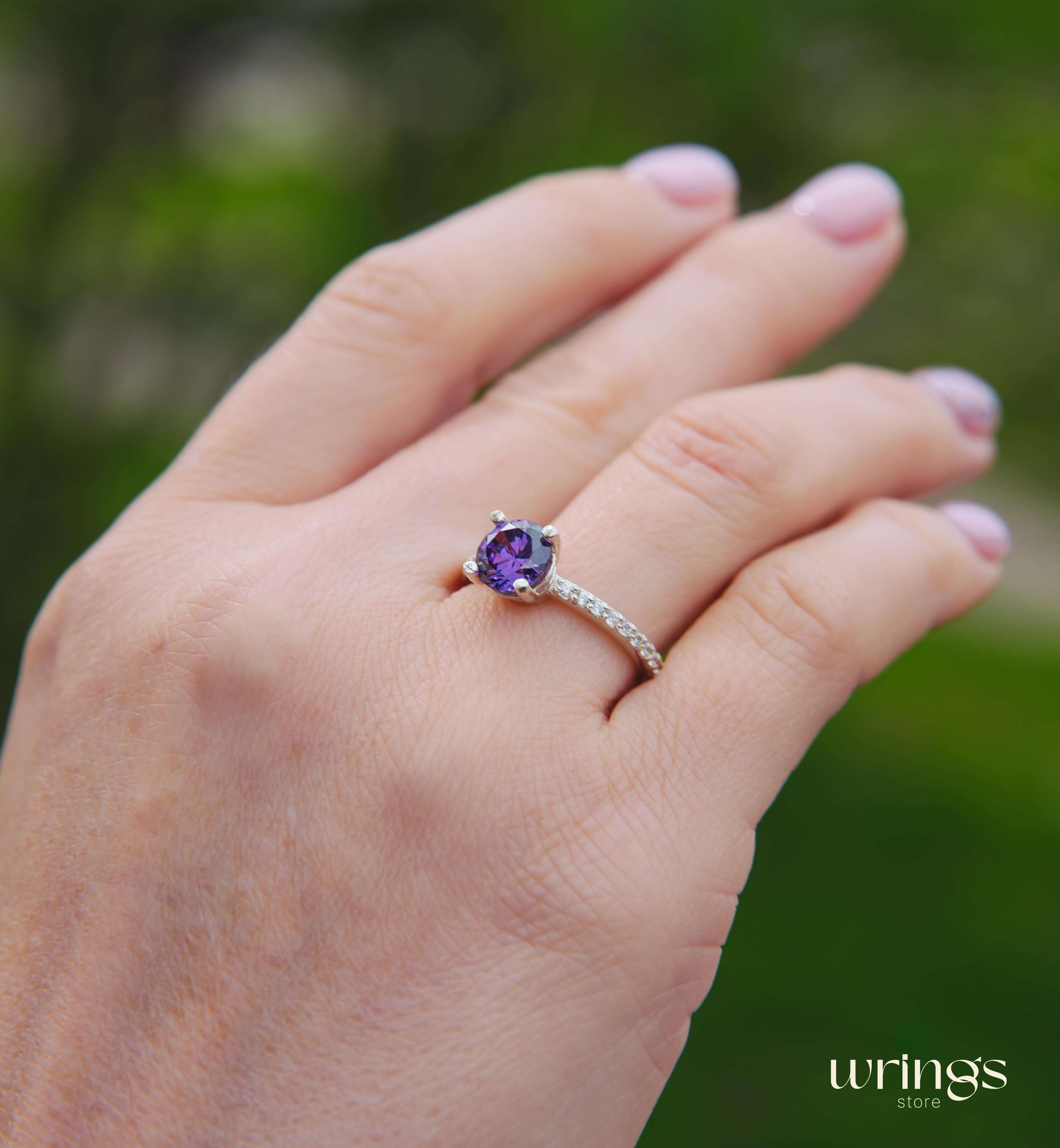 Amethyst Engagement Ring Silver with White Gems on Band