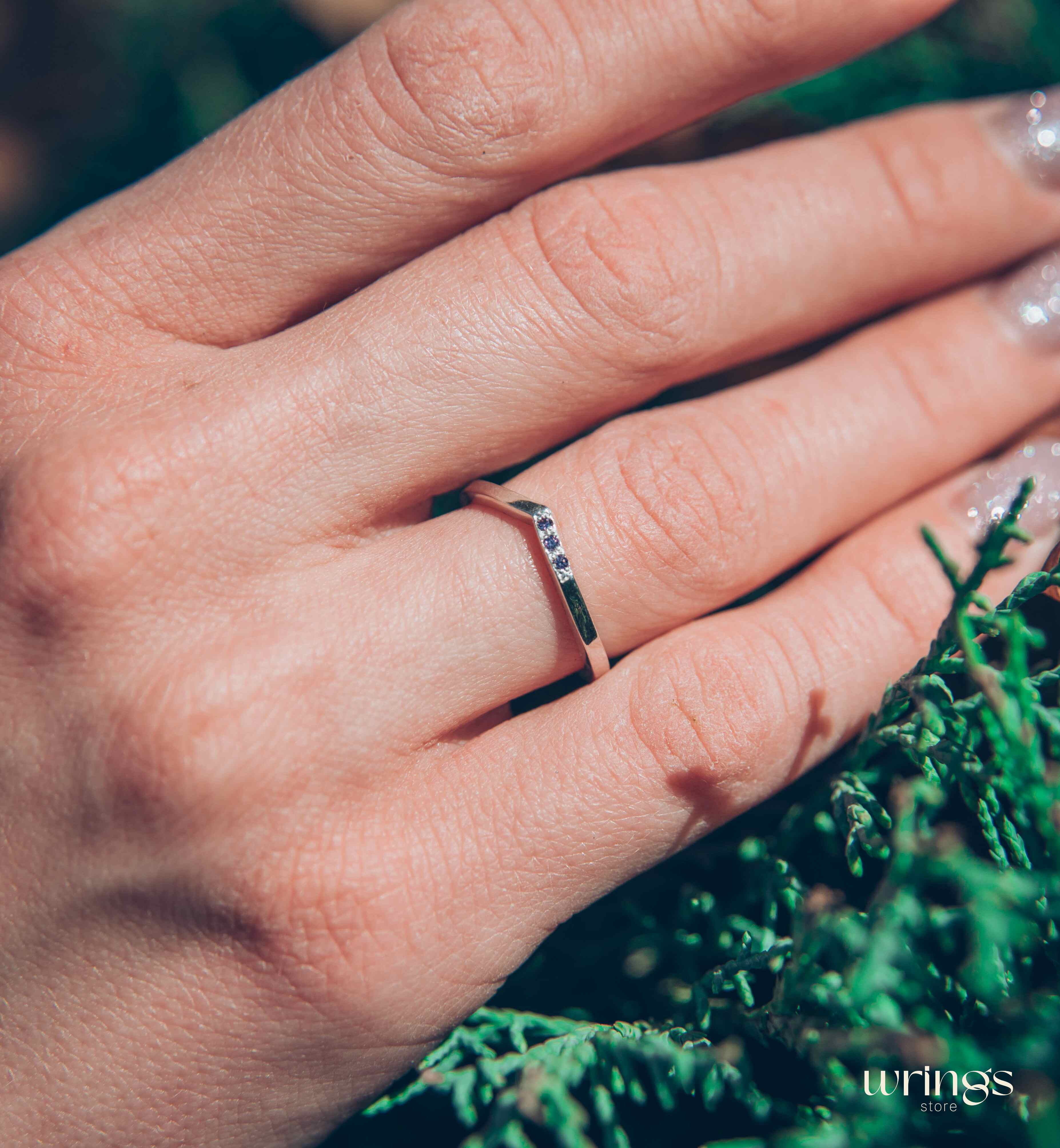 Silver Curved Chevron Wedding Band with 3 Amethysts