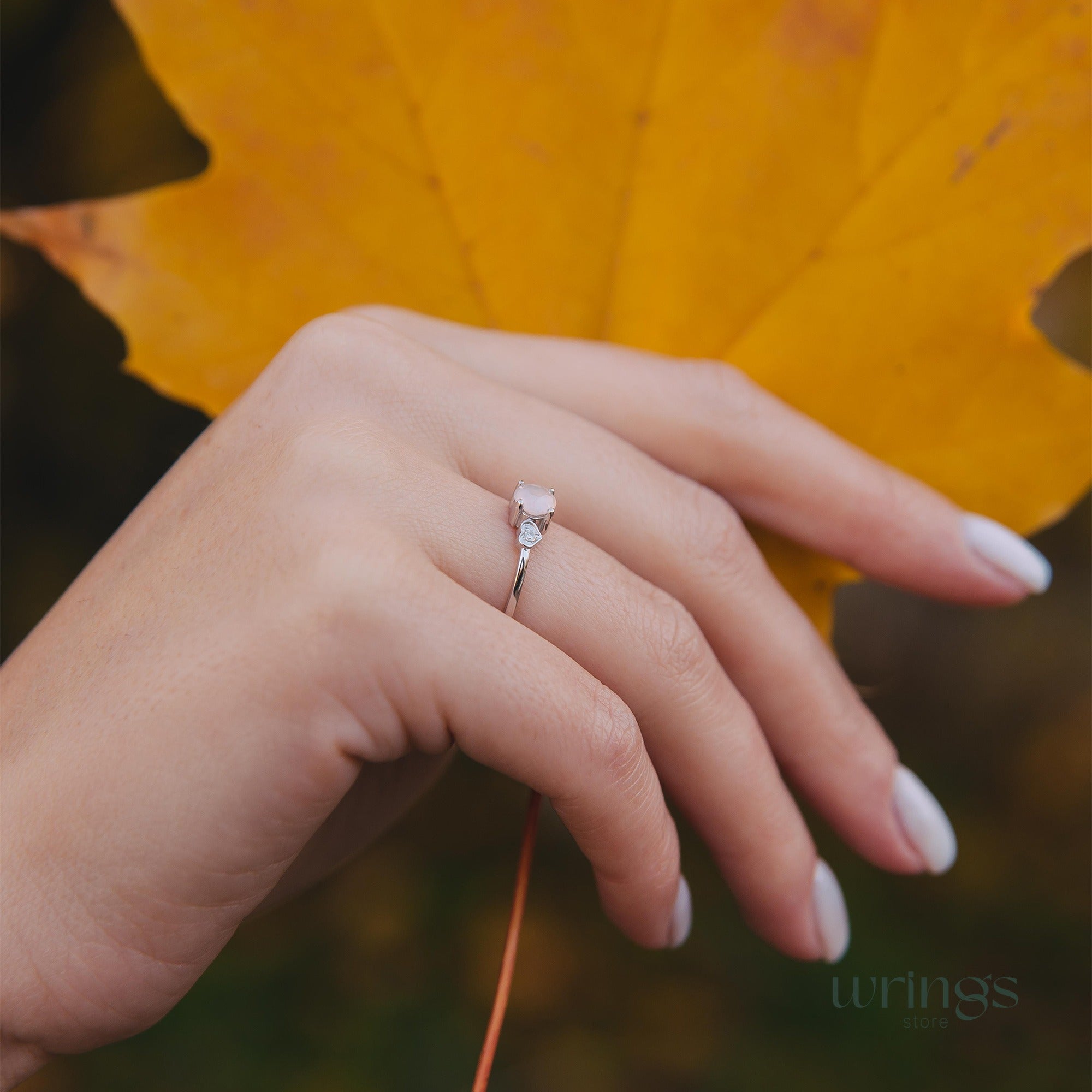 Rose Quartz Engagement Ring Silver & CZ Heart