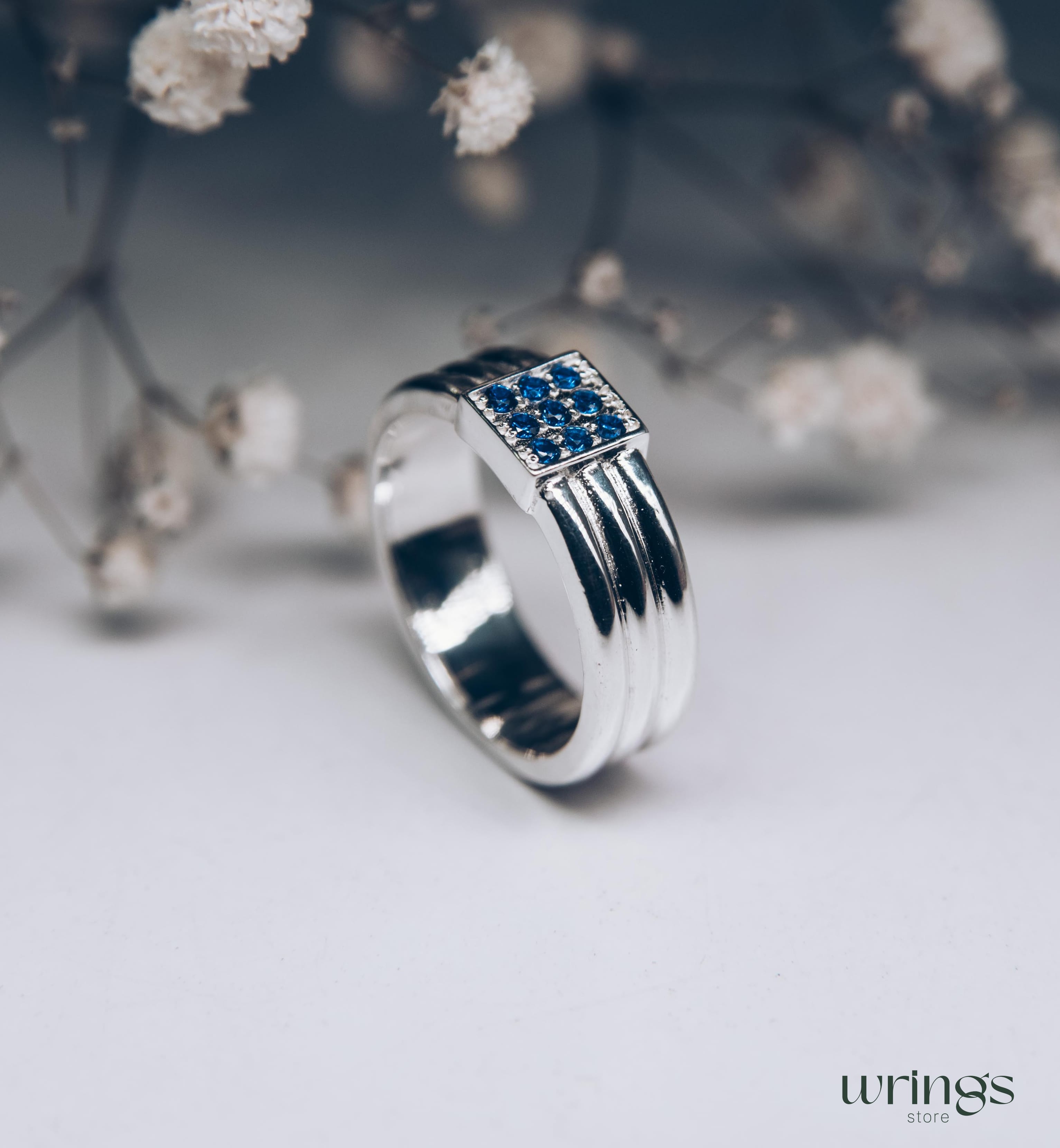 Thick Silver Wedding Band with Natural Blue Sapphires