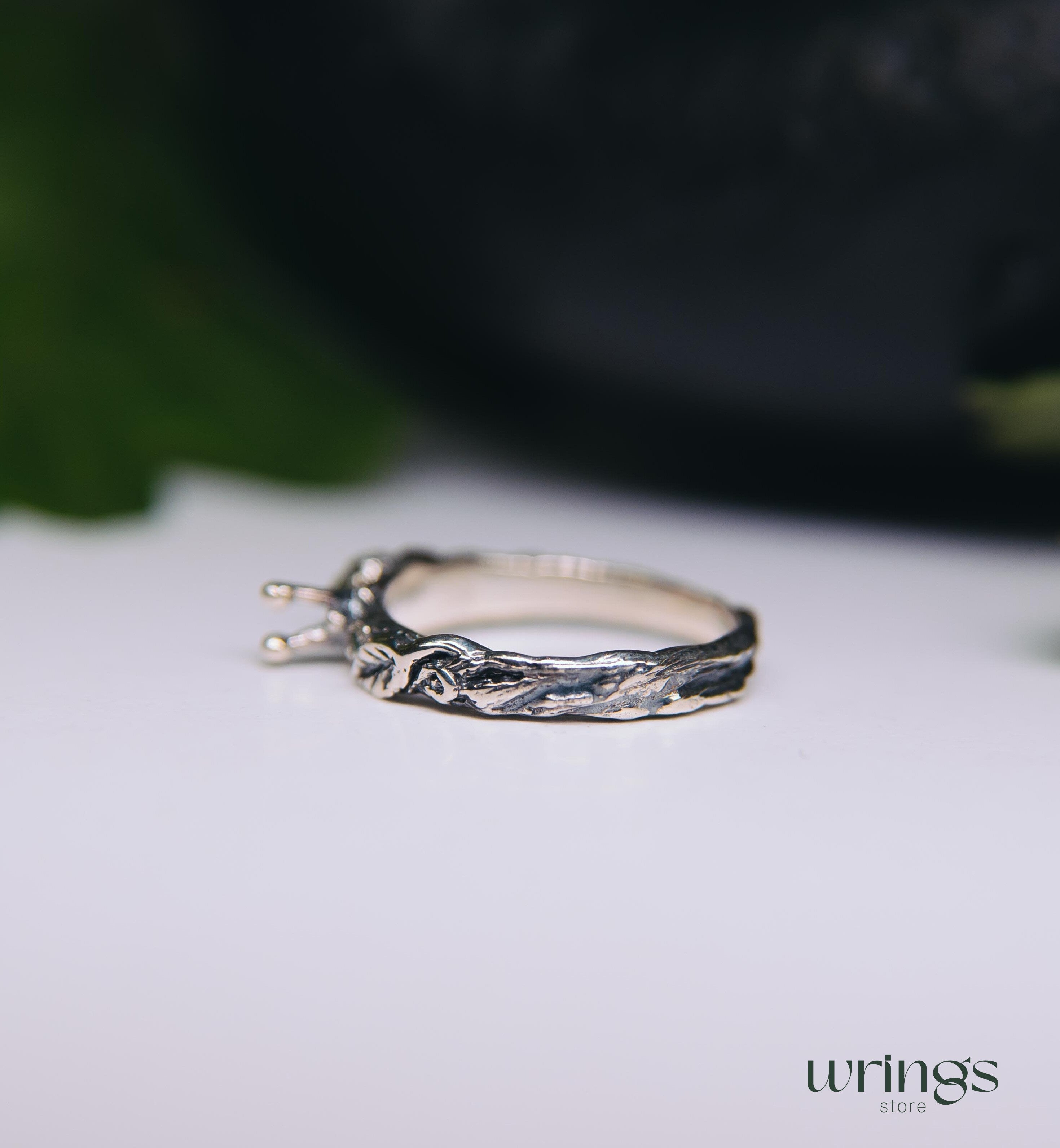 Snail on a Tiny Silver Twig with Leaf Emerald Ring