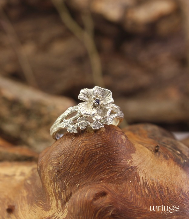 Poppy Flower Ring with Blue Sapphire Sterling Silver