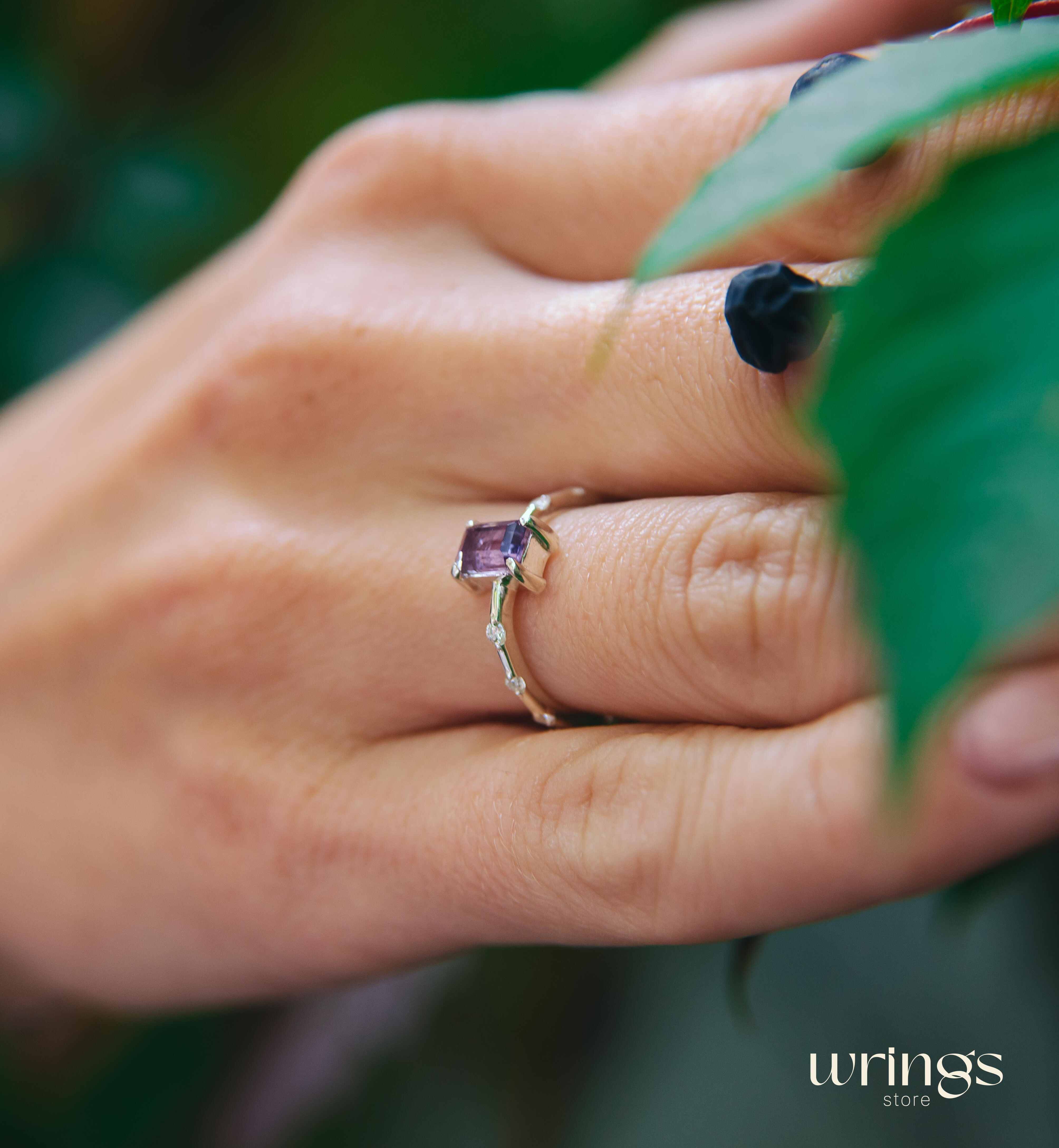 Octagon Central Amethyst & White Side Stones Ring Silver