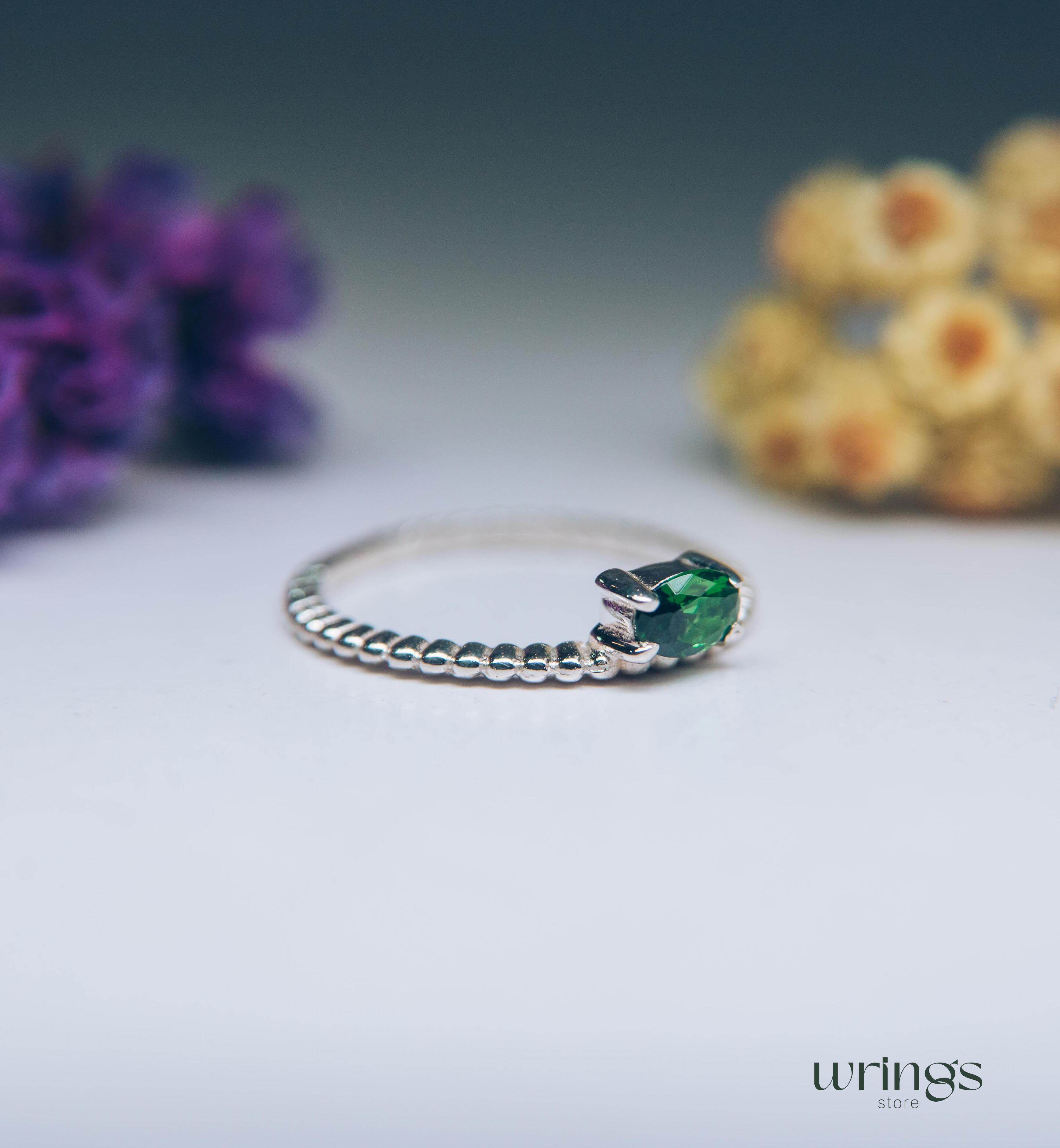 Thin Silver Beaded Engagement Ring with Green Tourmaline