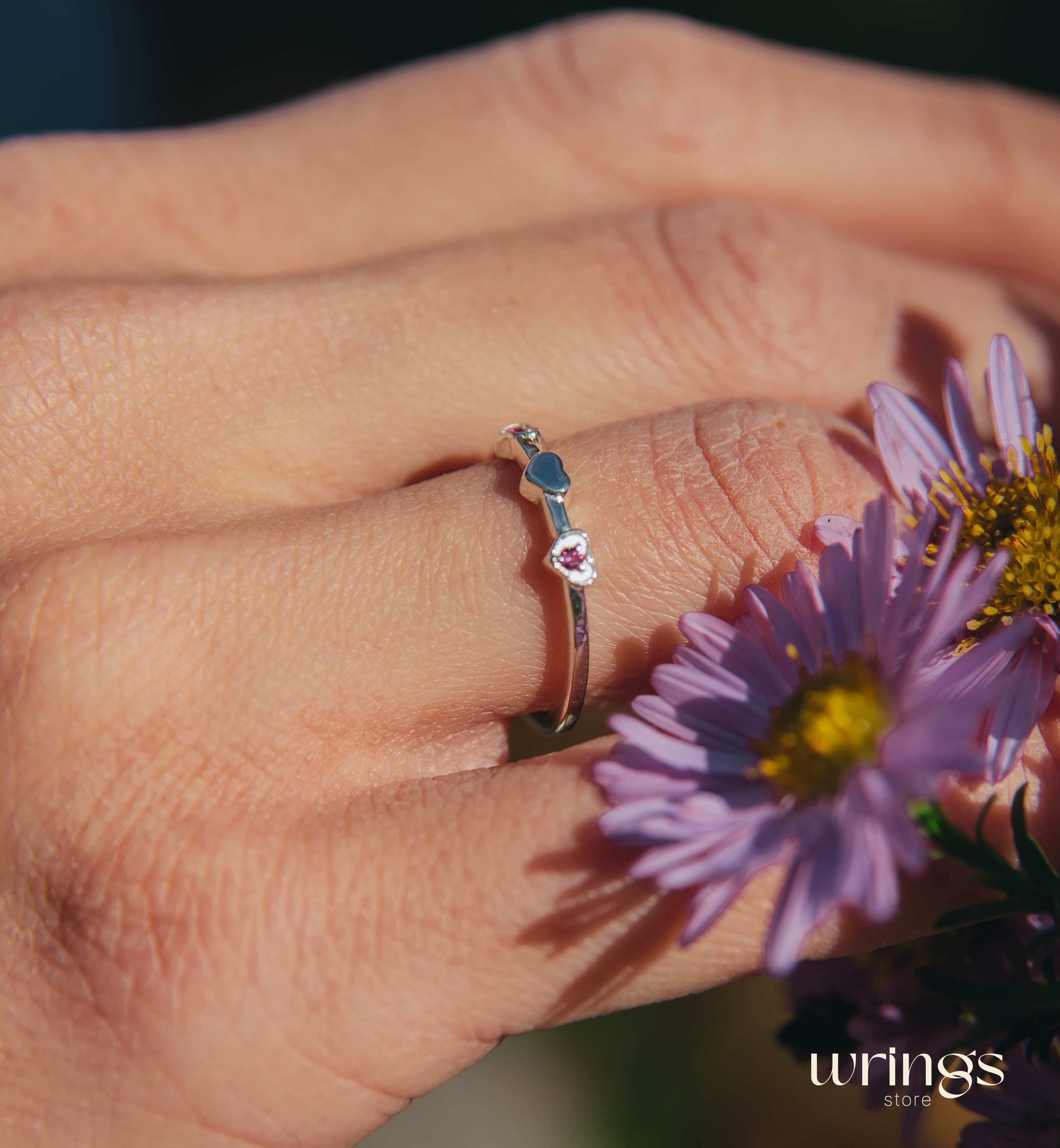 2 Real Rubies and 3 Hearts Unique Silver Promise Ring