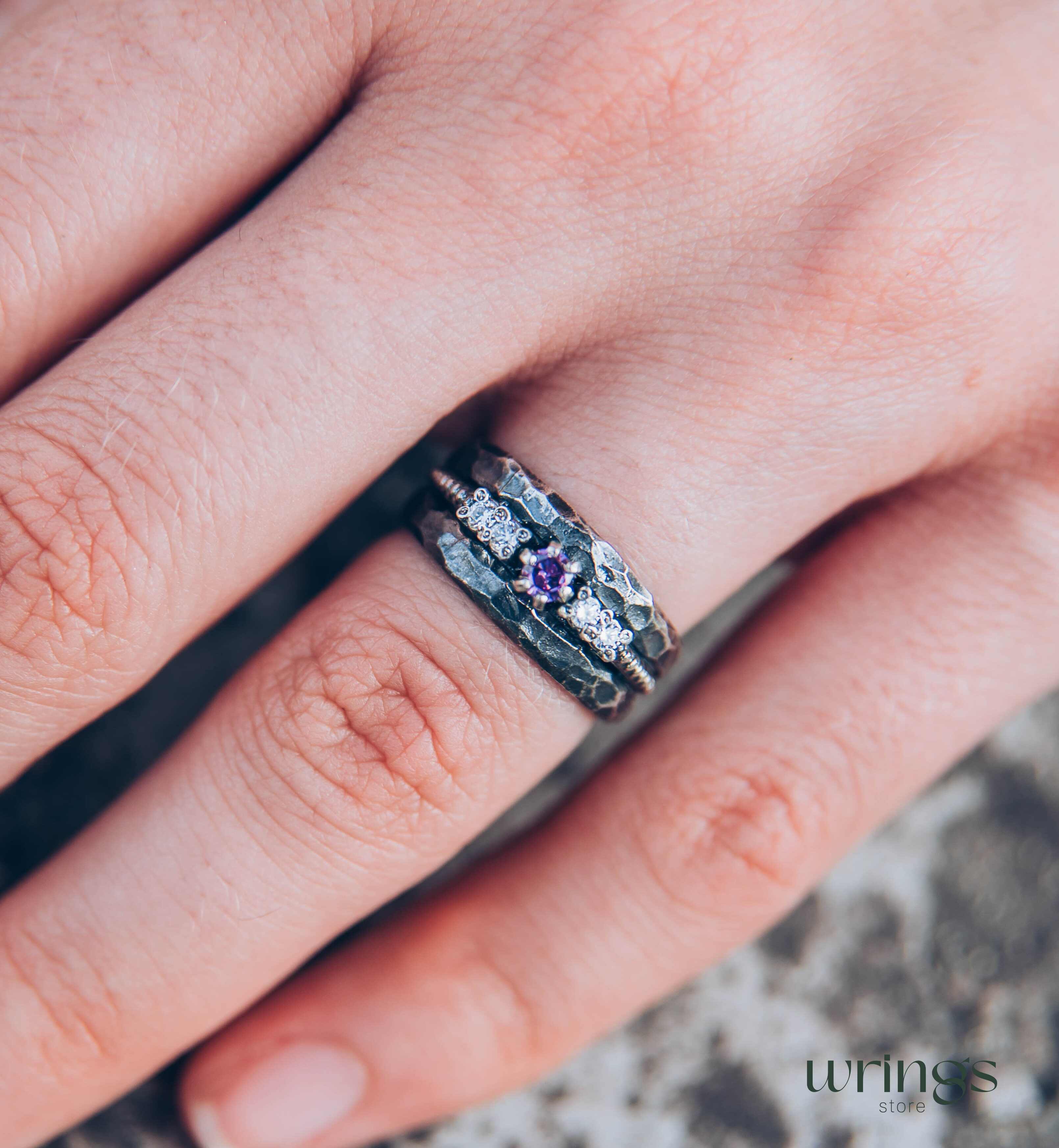 Unique Silver Women's Hammered Ring with Amethyst and CZ