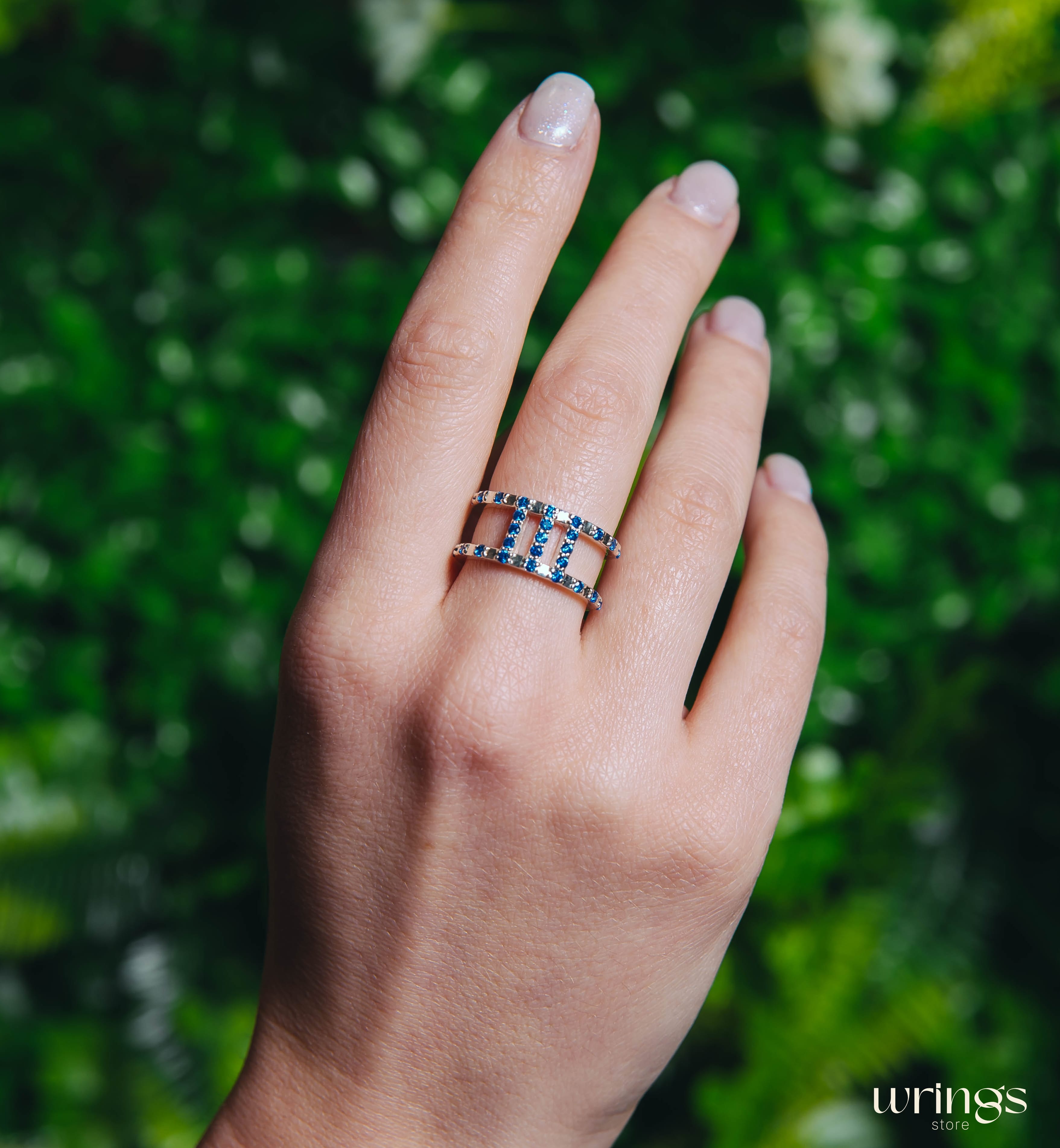 Double Band Wedding Ring Blue Sapphires Multi Stone