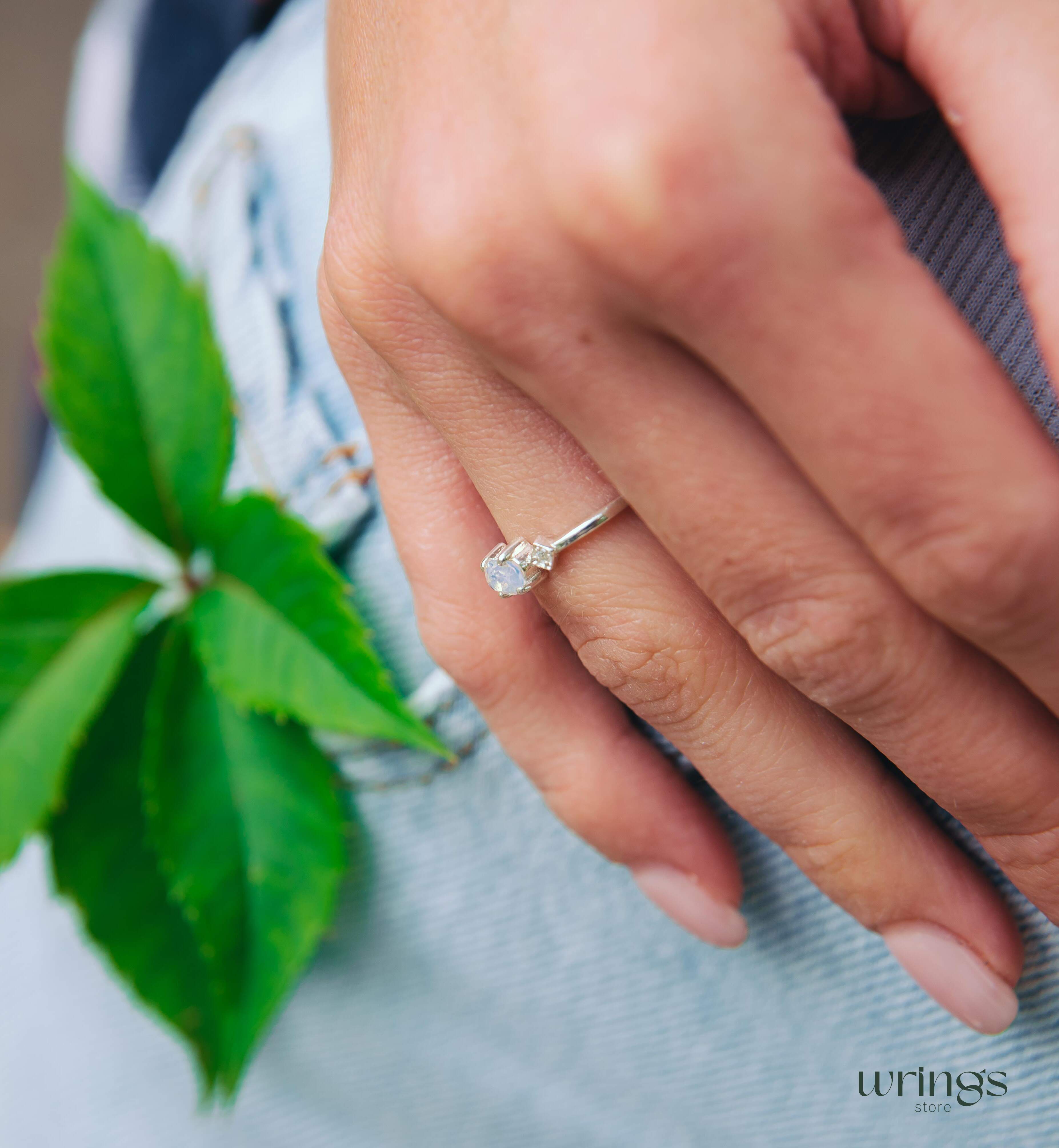 Silver Moon Stone Engagement Ring with Side Cubic Zirconia