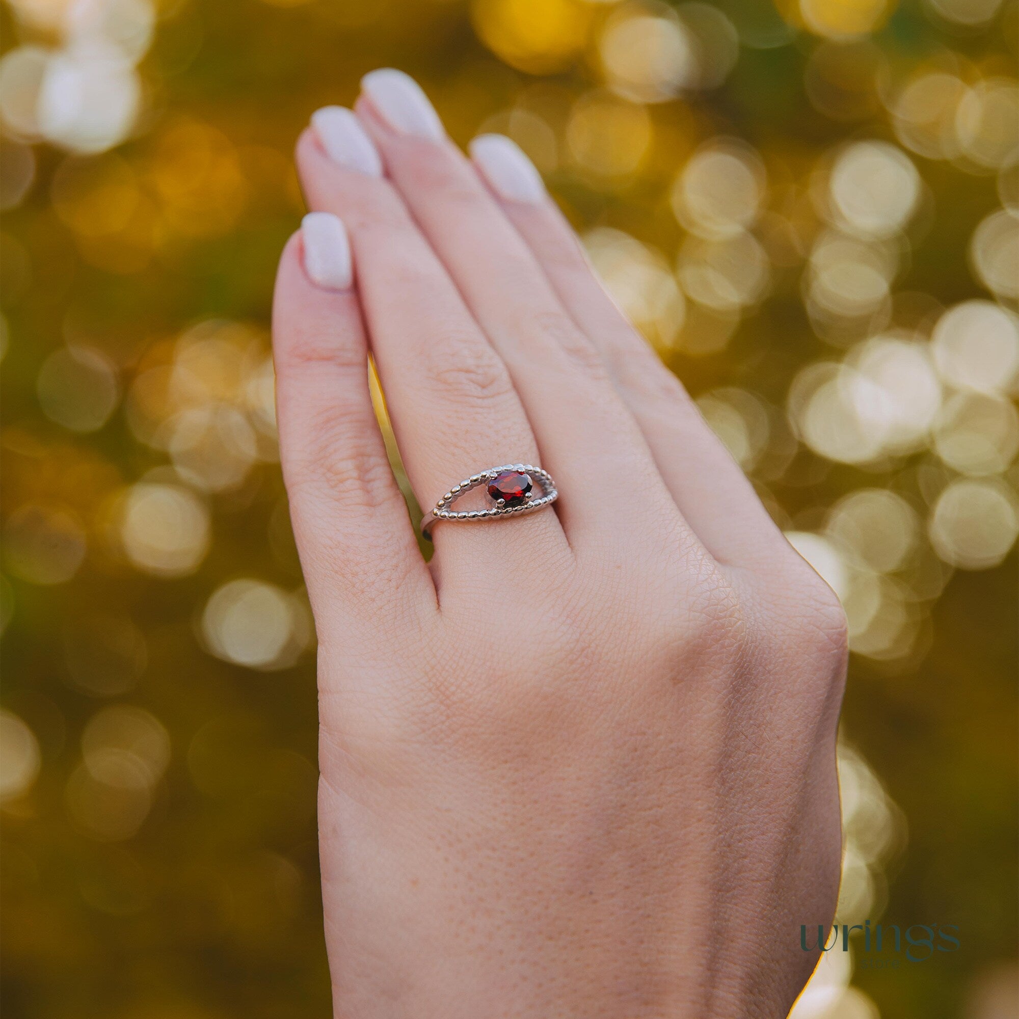 Garnet Gem Silver Beaded Evil Eye Engagement Ring