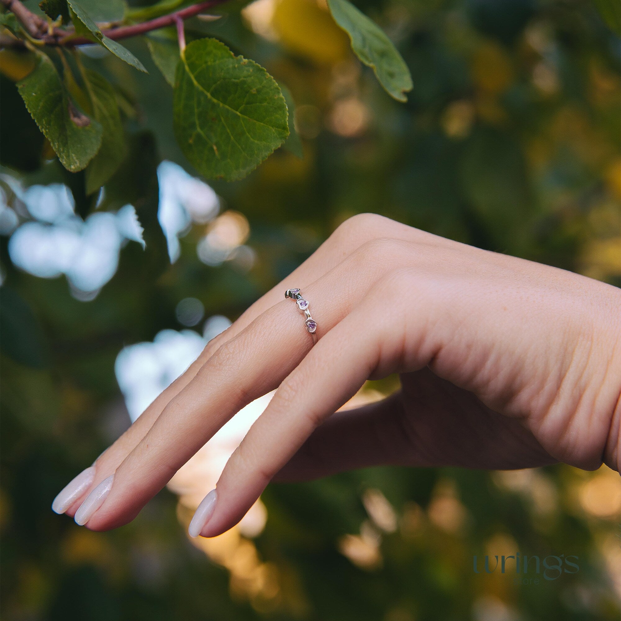 Delicate Amethysts in Multi Hearts Silver Promise Ring