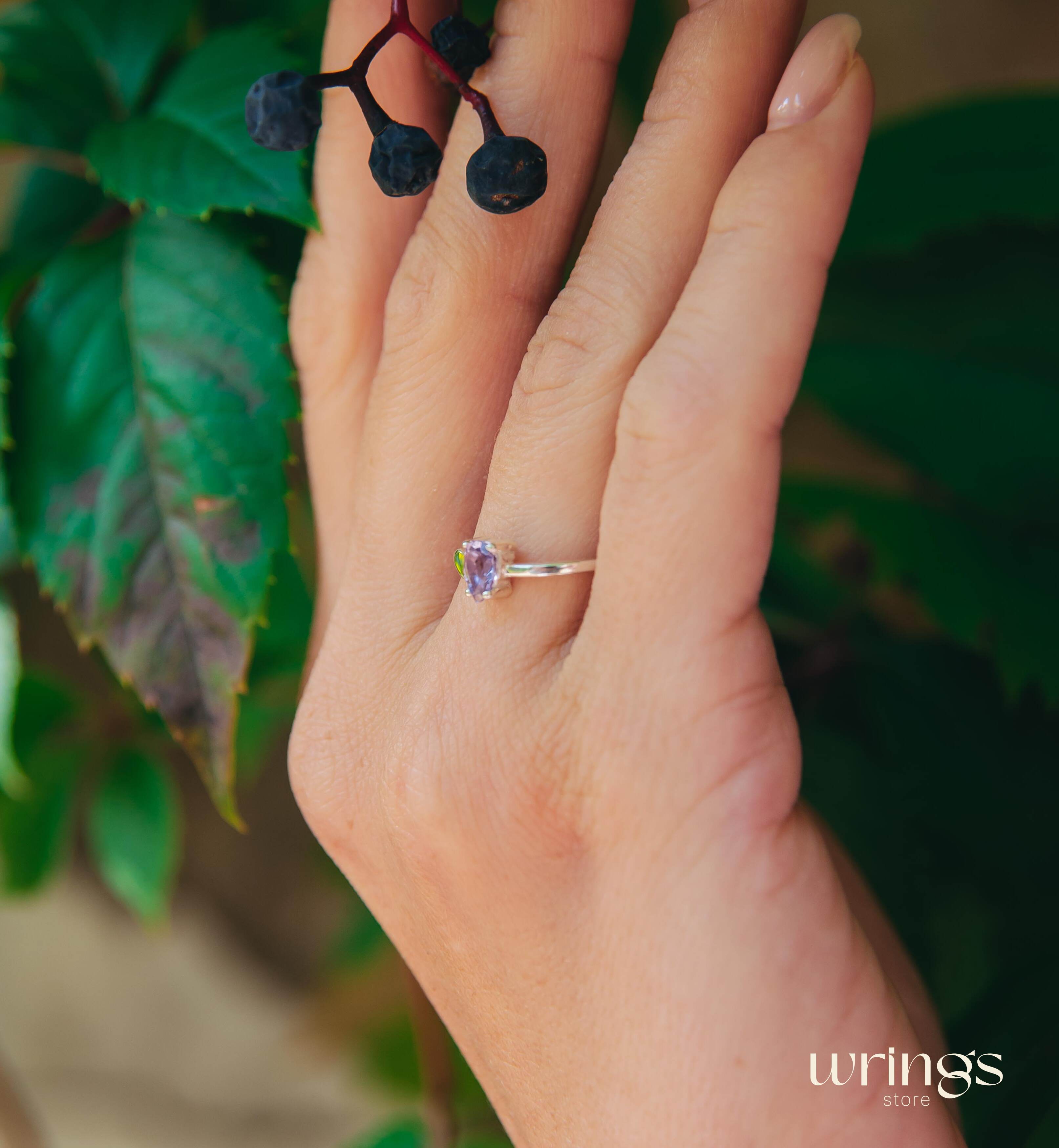 Pear Amethyst Silver Engagement Ring & Side Heart