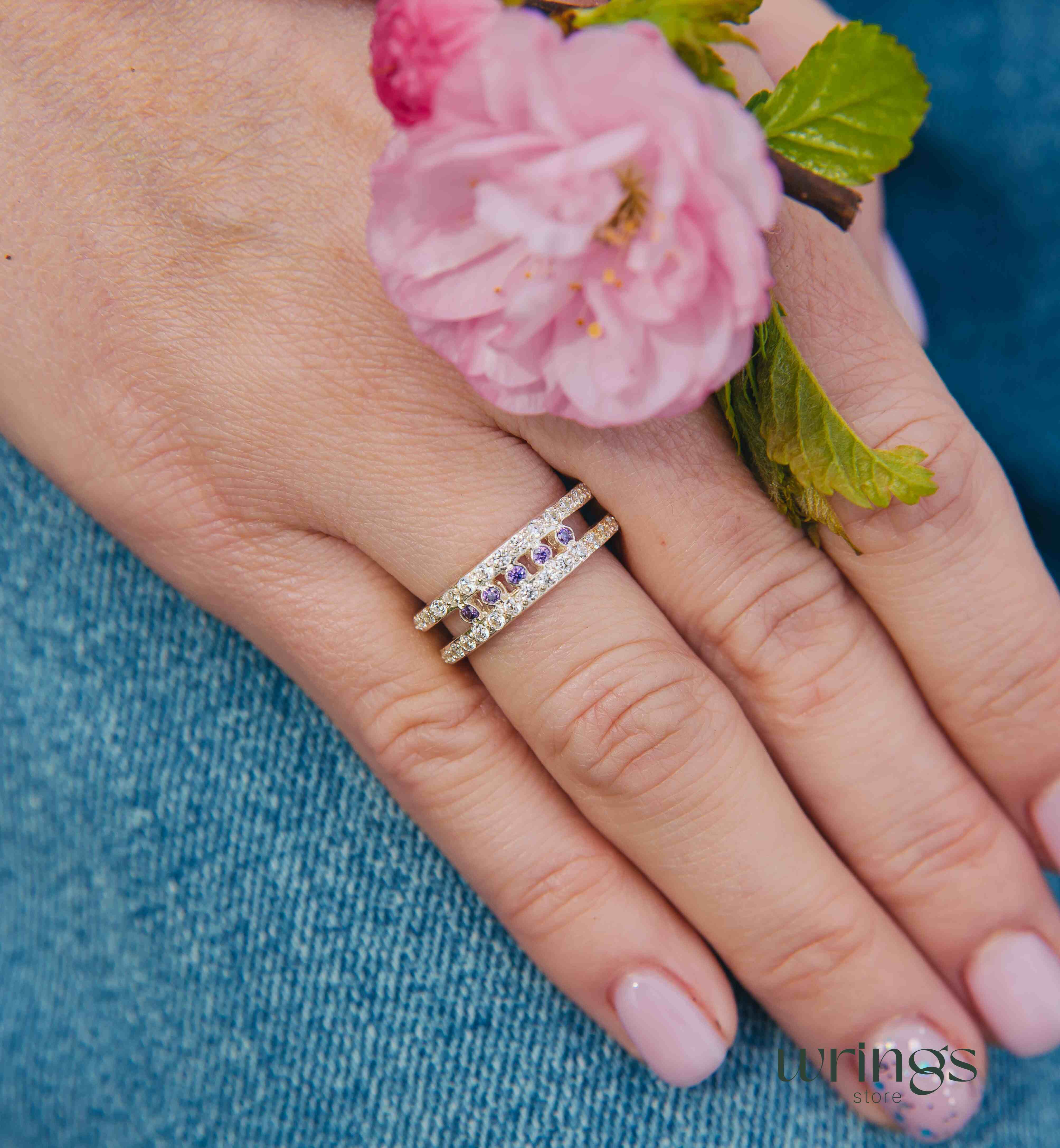 5 Purple Amethysts and White Stones Split Wedding Band