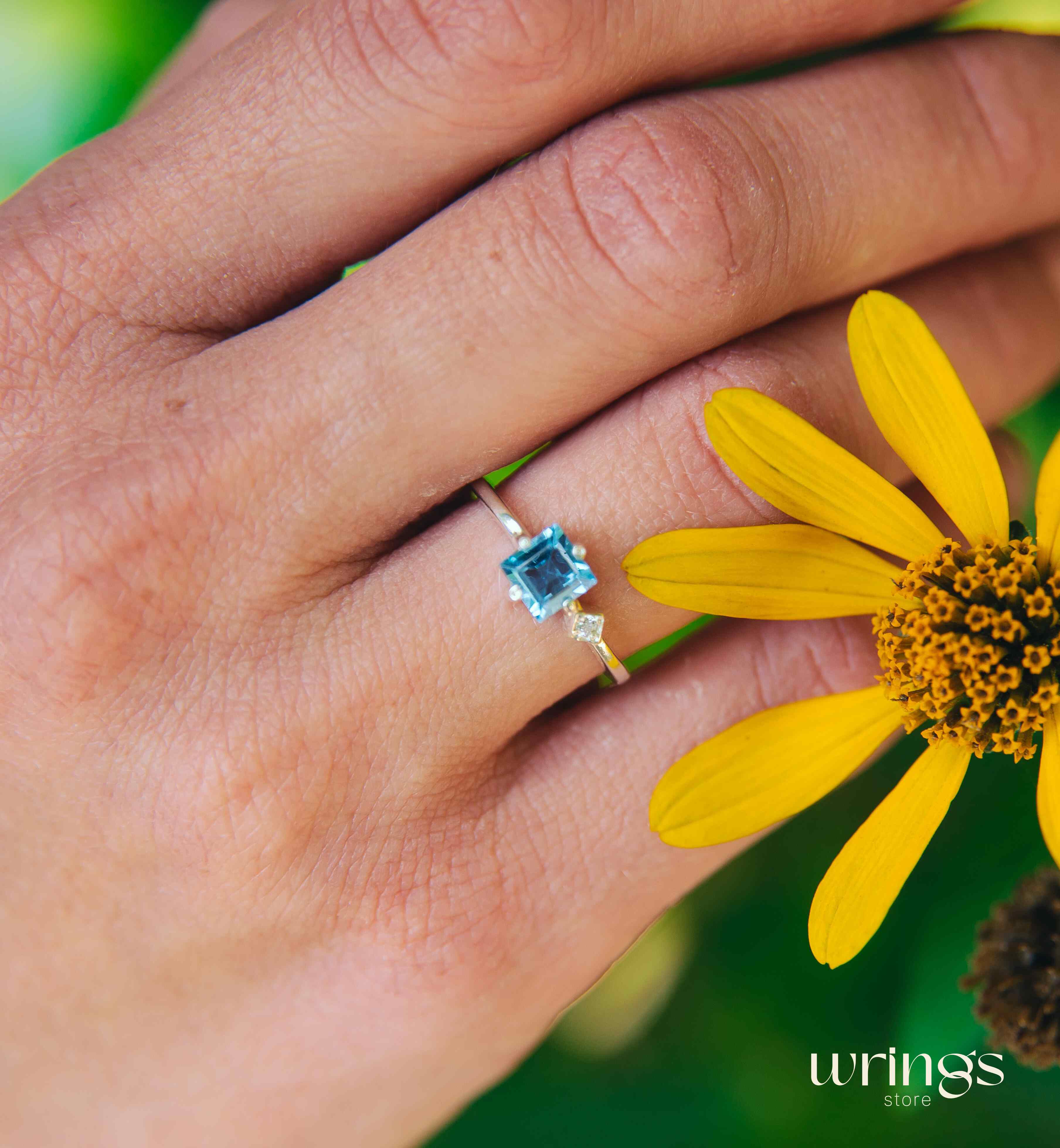 Square Swiss Topaz Ring Silver Side White Stone CZ