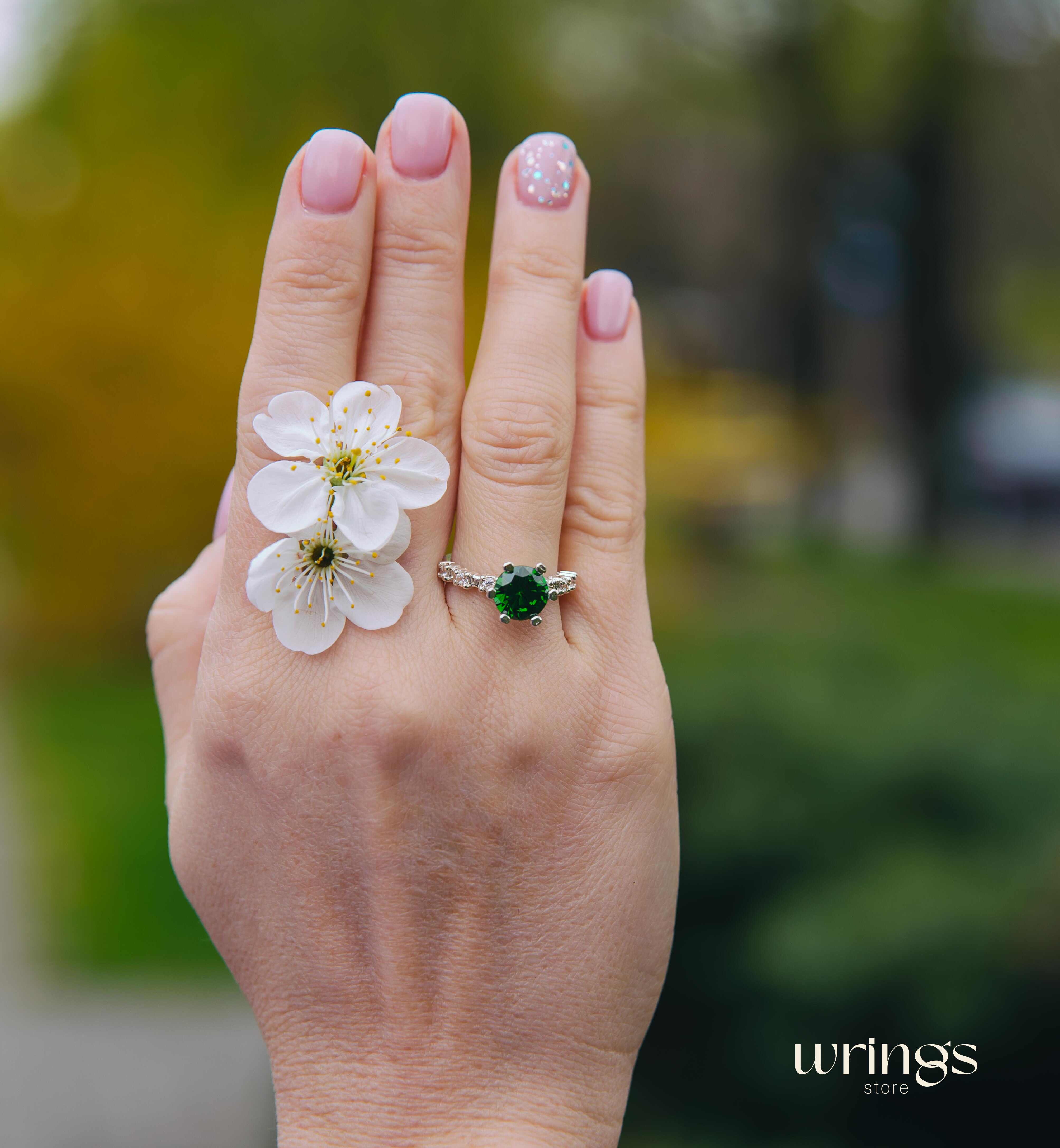 Large Green Stone & CZ Unique Silver Engagement Ring