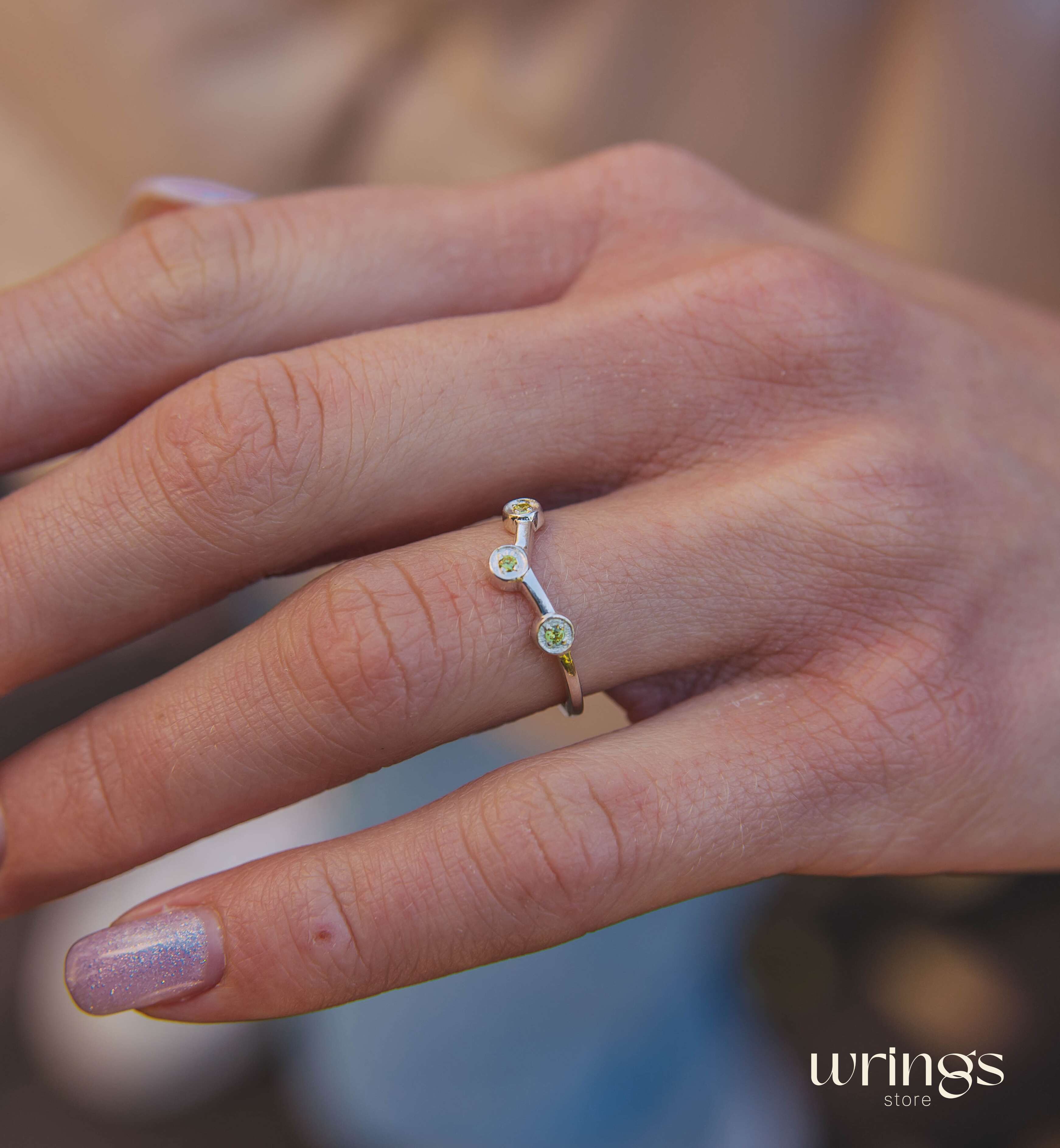 Cute Citrines in 3 Small Dots Silver Curved Ring