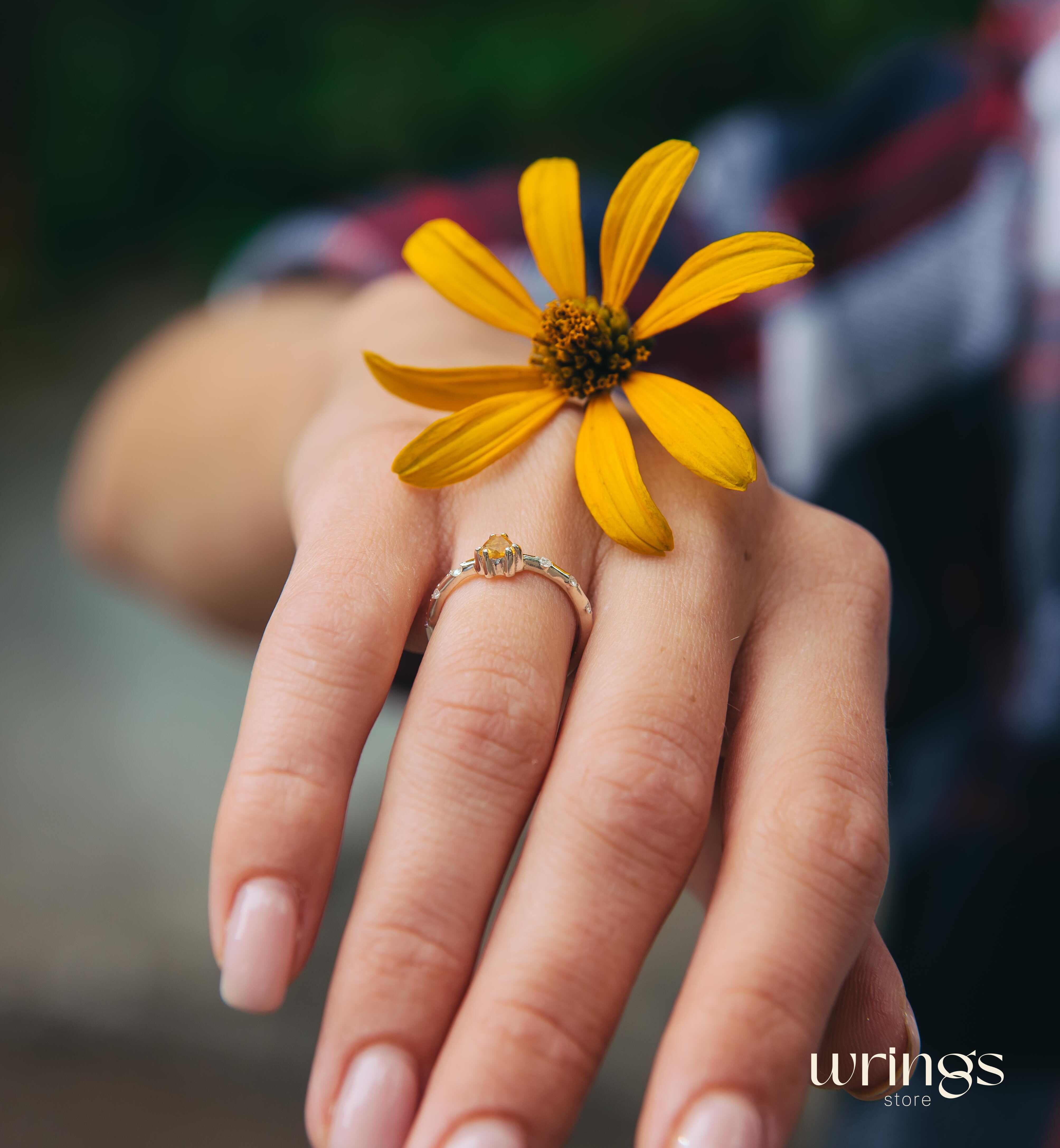 Central Trillion Citrine Side Stone Engagement Ring Silver