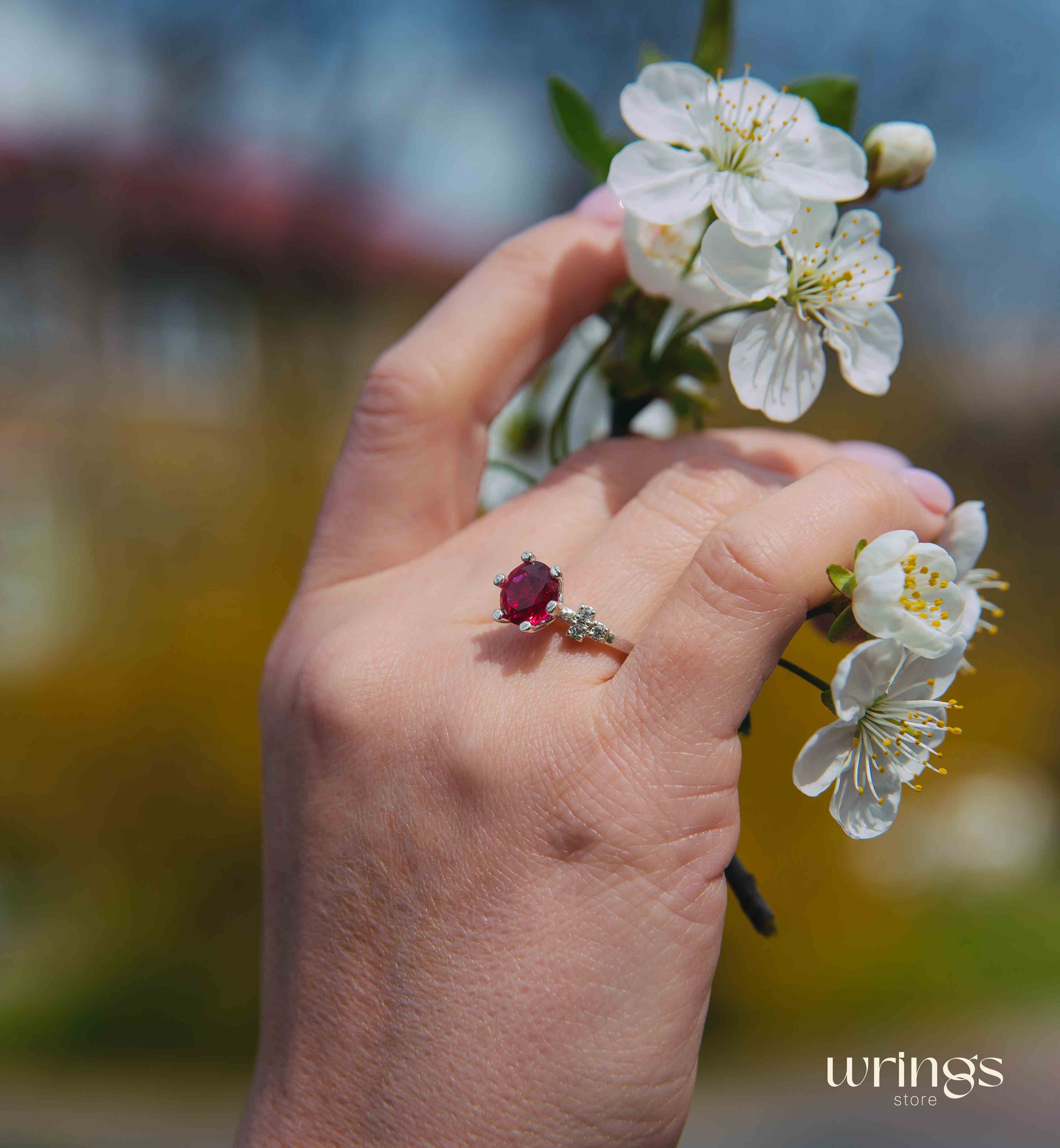 Large Red Simulated Ruby Cluster Engagemet Ring Silver